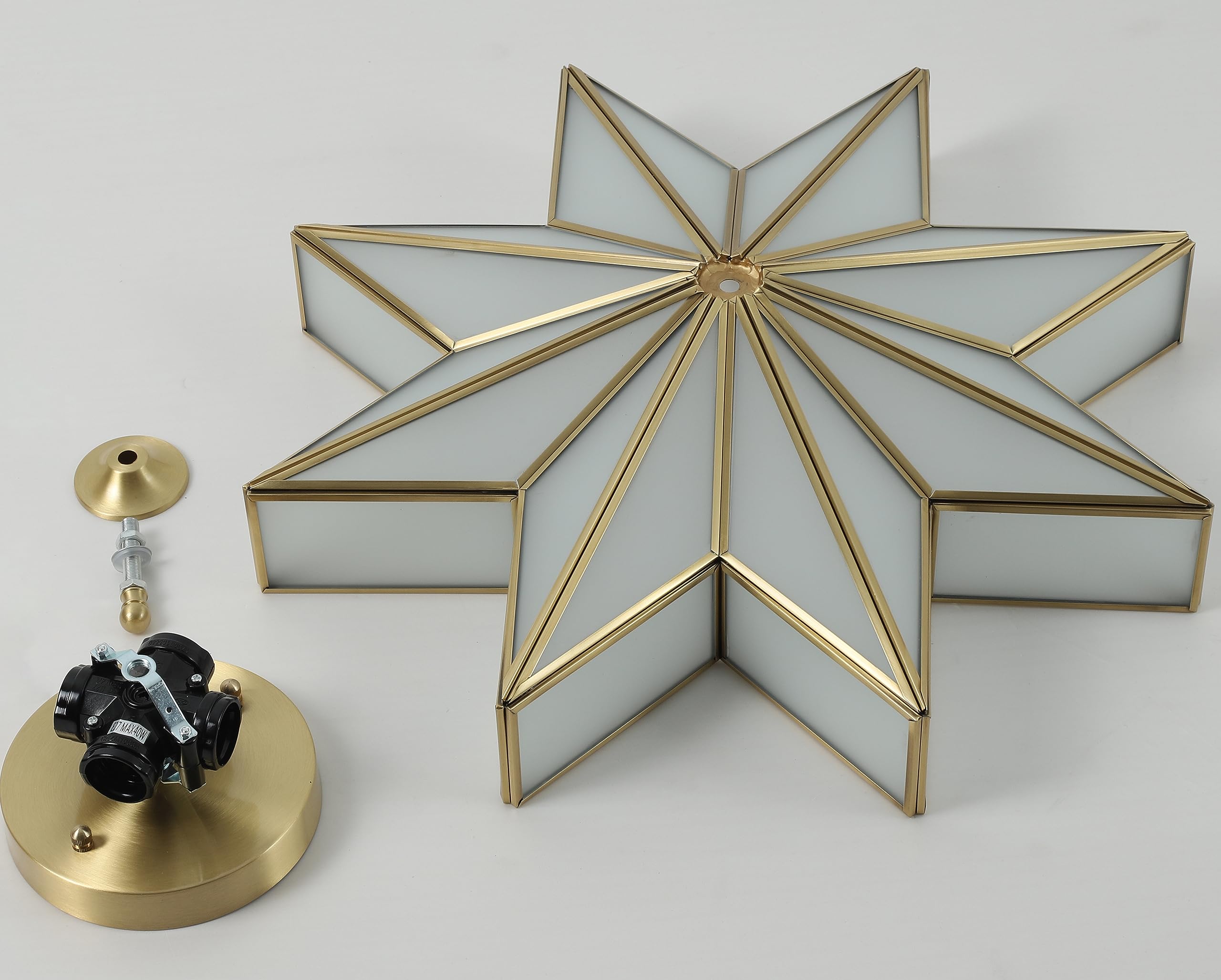 Vintage Star-Shaped Antique Brass Flush Mount Ceiling Light Fixture - 4-Light Bedroom Lighting with Frosted Glass Shade (Bulbs Included) - Perfect for Bedroom, Living Room, Dining Room & Hallway Lighting