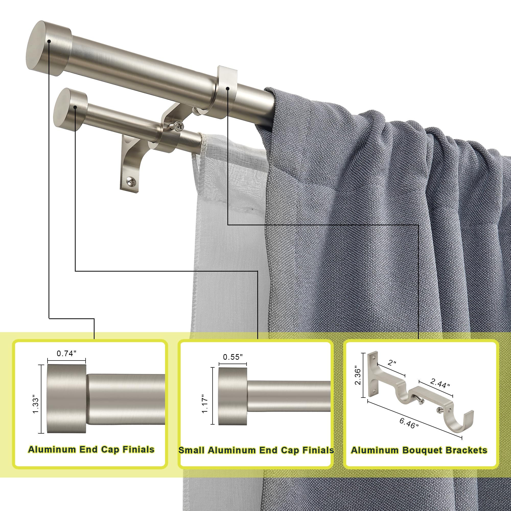 Adjustable Double Curtain Rod Set 36-72 Inches - 1'' Front & 5/8'' Back Drapery Rod with Aluminum Brackets & Finials - Brushed Nickel Finish for Living Room, Bedroom, or Office Window Decor
