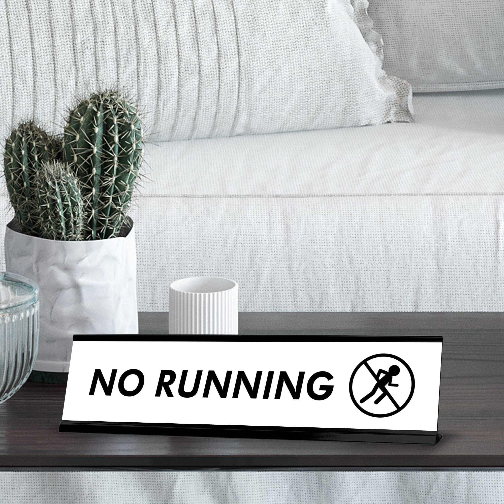 No Running Sign - Black Frame Office Desk Sign (2x8 Inches) - Perfect for Schools, Offices, and Public Spaces
