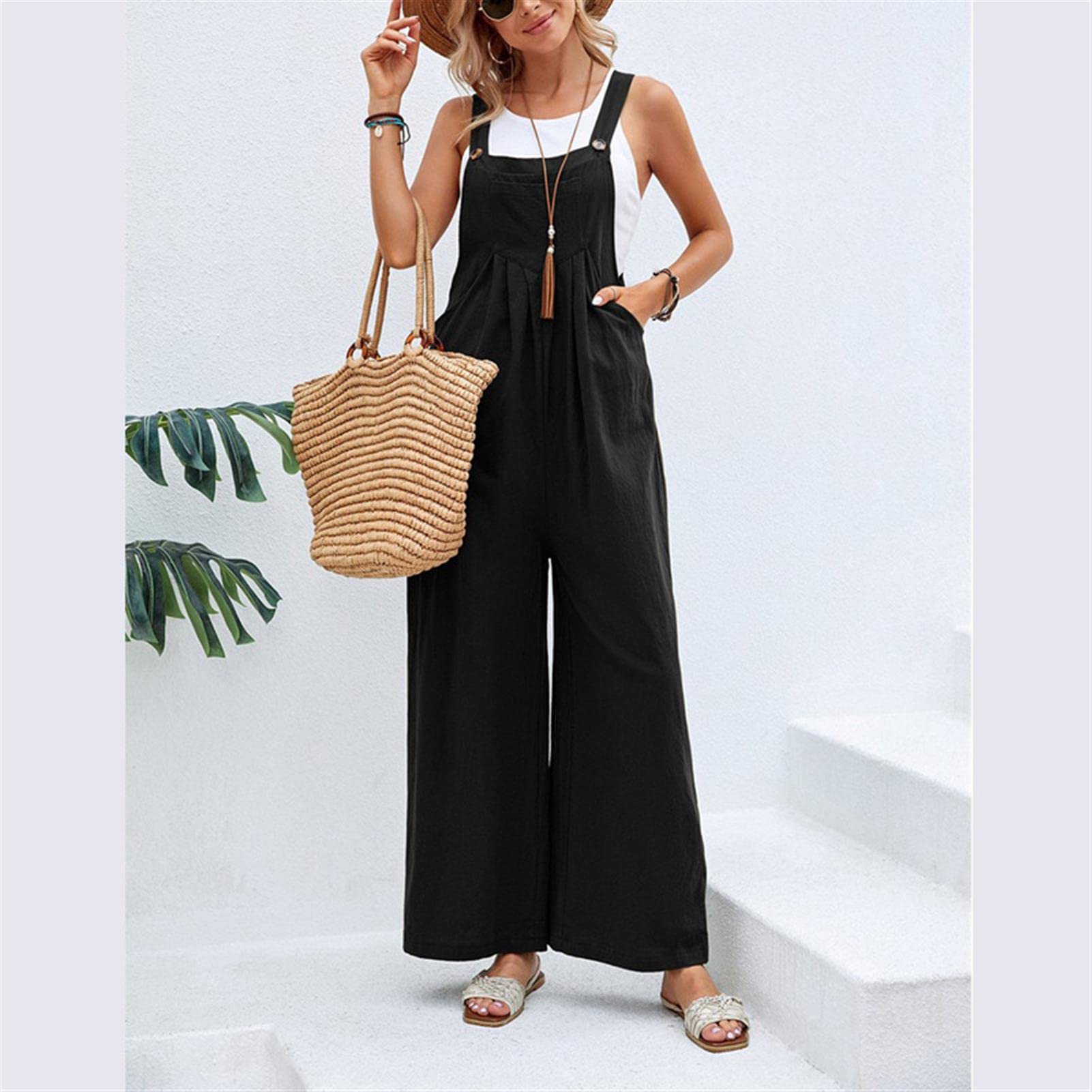 Women's Loose Fit Fashion Overalls - Wide Leg Baggy Bib Jumpsuit with Straps | Solid Color Casual Sleeveless Romper | Perfect for Streetwear, Summer Outfits & Boho Chic Style