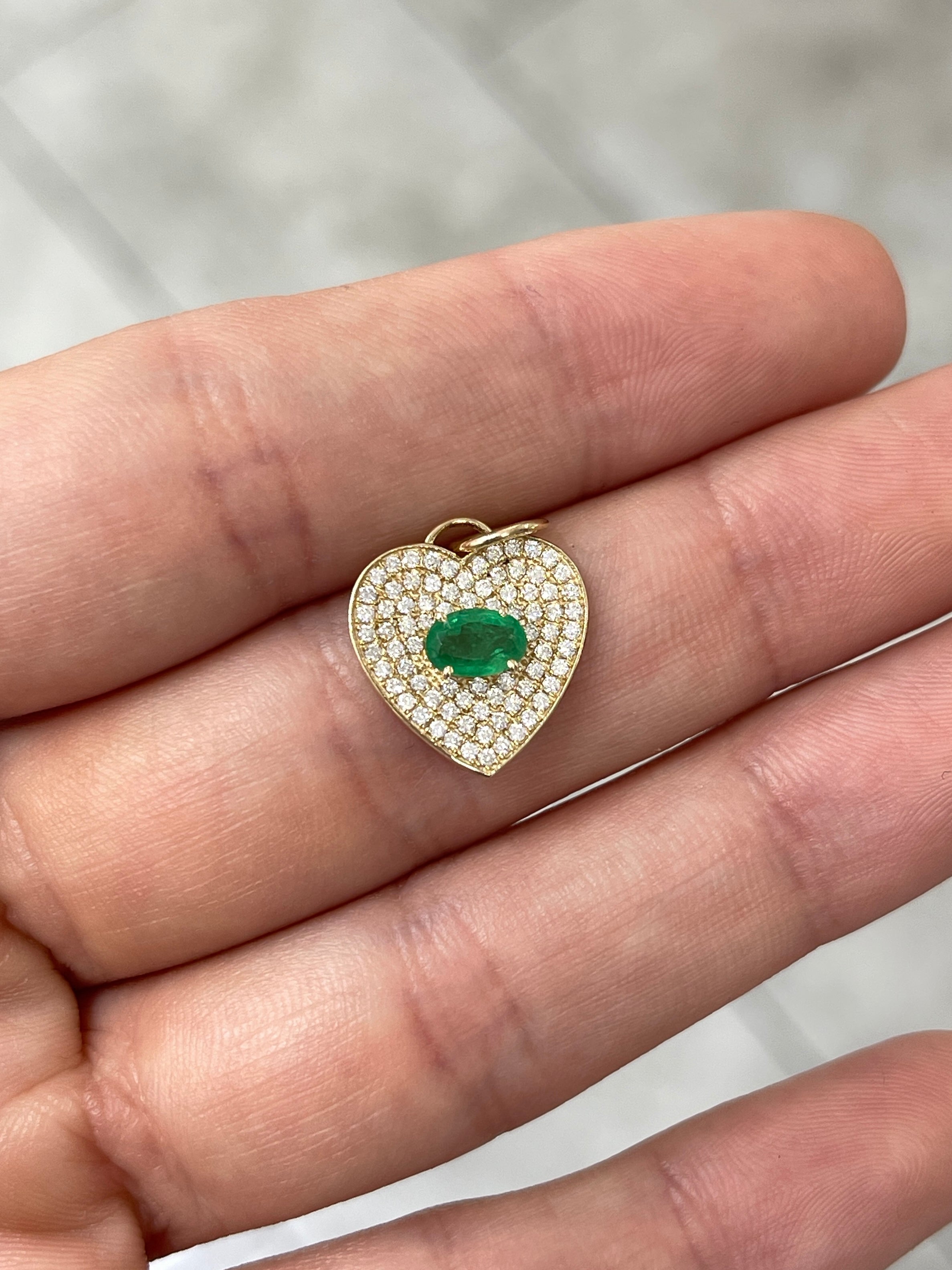 1.0tcw 14K Gold Emerald & Diamond Pave Heart Cluster Pendant Charm Necklace - Elegant Jewelry Gift for Women, Perfect for Valentine's Day, Anniversary & Special Occasions