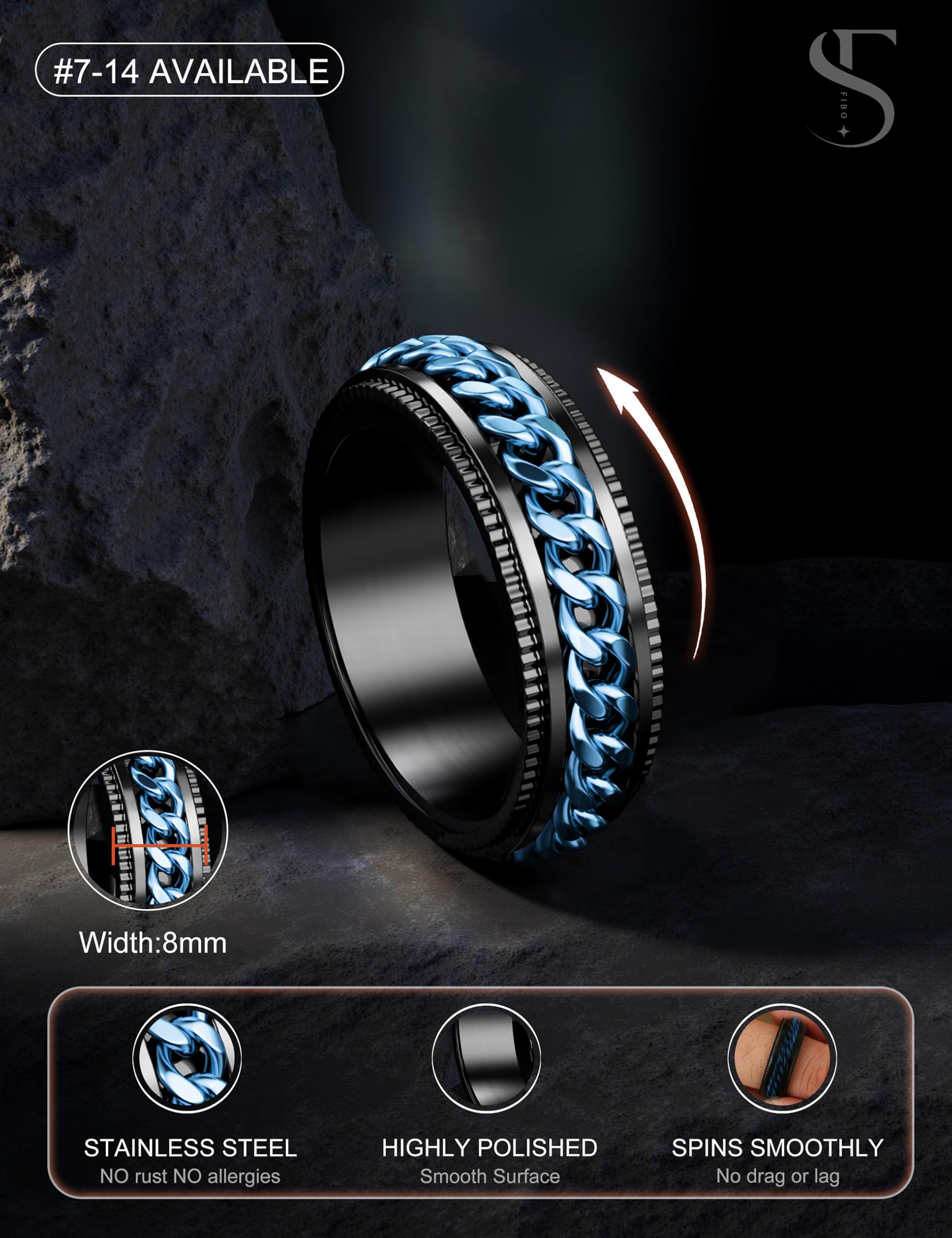 FIBO STEEL Stainless Steel Spinner Ring for Men & Women - Anxiety Relief Fidget Ring, Black Wedding Band, 8mm Width, Sizes 7-14 - Perfect for Stress Relief, Focus & Fashion Accessory