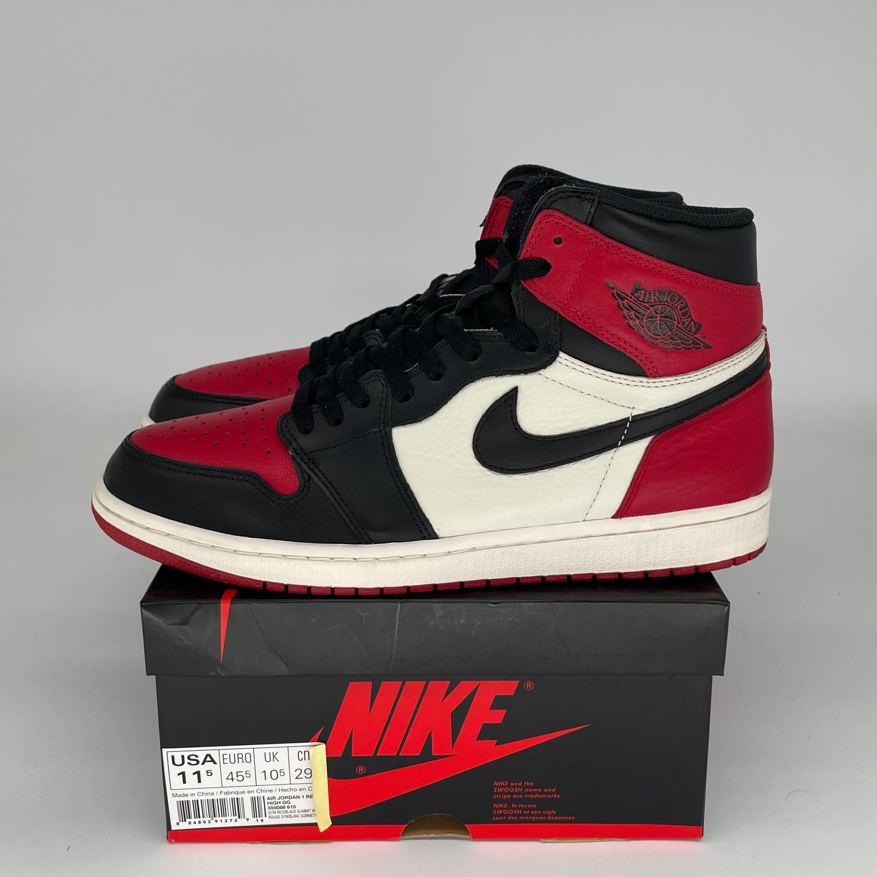 Original Air Jordan 1 Retro High OG 'Bred Toe' Men's Basketball Shoes Size 11.5 (555088-610) - Perfect for Streetwear, Sneaker Collecting & Casual Fashion