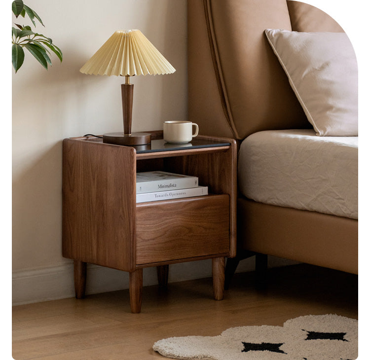 Premium Black Walnut Solid Wood Nightstand with Tempered Glass Top - Modern Bedside Table for Bedroom, Living Room, or Office Use