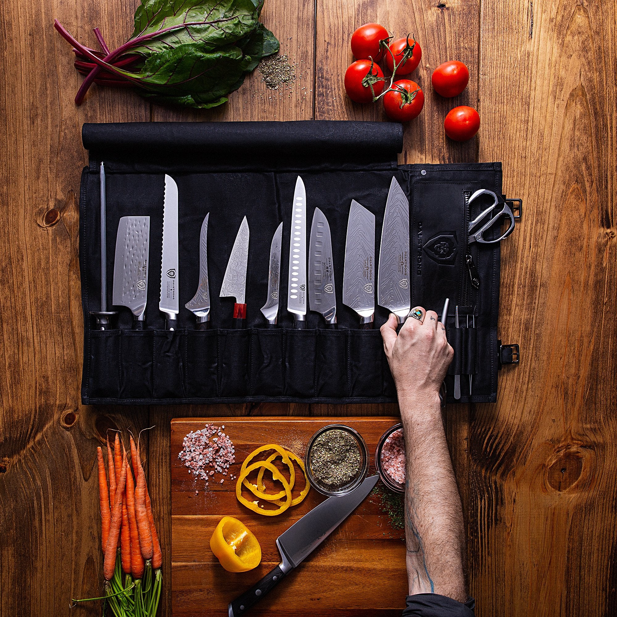 12oz Heavy Duty Canvas & Leather Knife Roll - Nightmaster Black | Dalstrong Professional Chef Knife Holder | Perfect for Chefs, BBQ & Outdoor Cooking