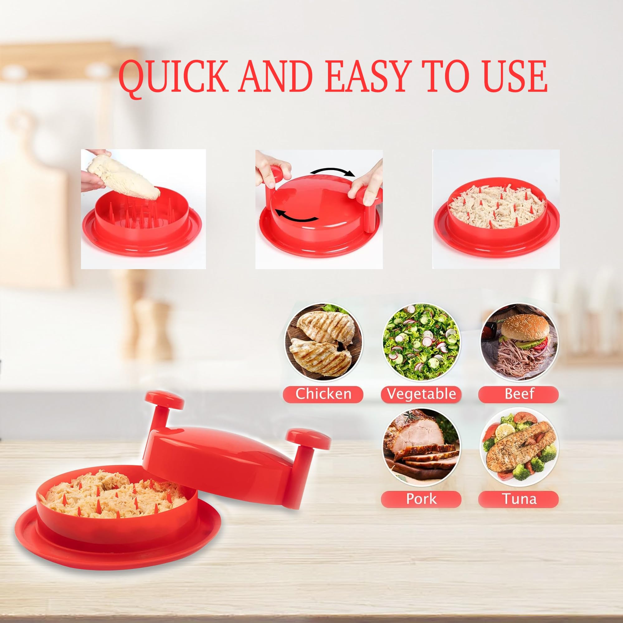 PINKJOY Chicken Shredder Tool - Ergonomic Meat Shredder with Non-Slip Handle for Pulled Pork, Chicken, Beef - Easy to Clean & Twist - Perfect for BBQ, Tacos, Sandwiches & Meal Prep (Red)
