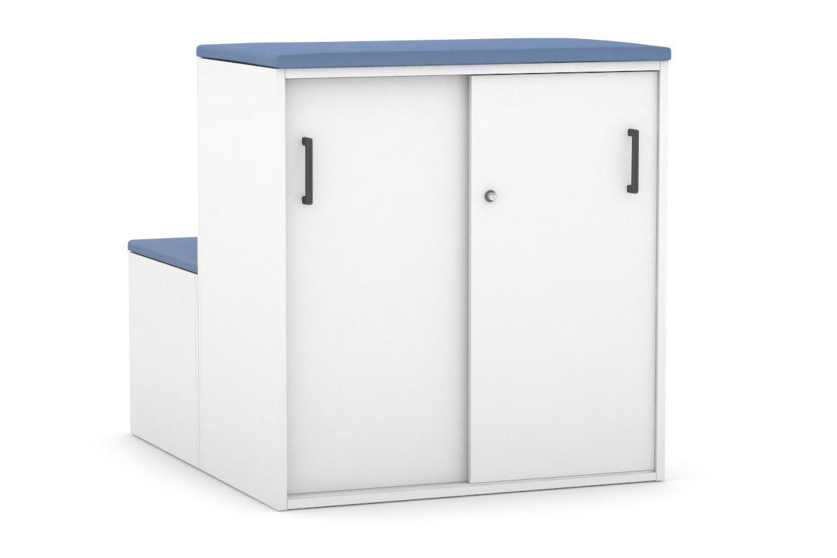 Professional Med Sliding 2-Door Credenza with Seat Cushion - Uniform Activity Module Cabinet with Low Profile Design [Black Handle] - Perfect for Medical Offices, Clinics, and Healthcare Facilities