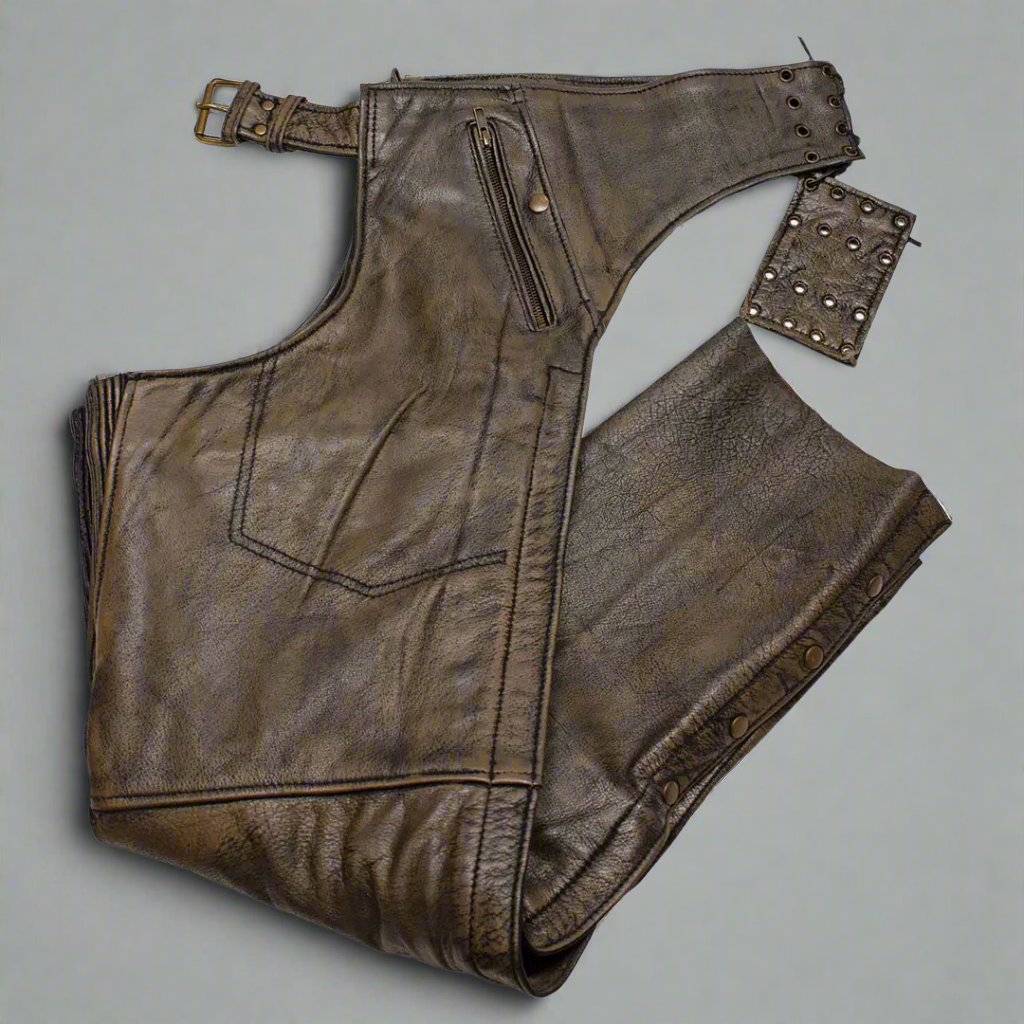 Open Road Men's Distressed Brown 4-Pocket Premium Leather Chaps for Motorcycle Riding, Biker Fashion & Cowboy Style