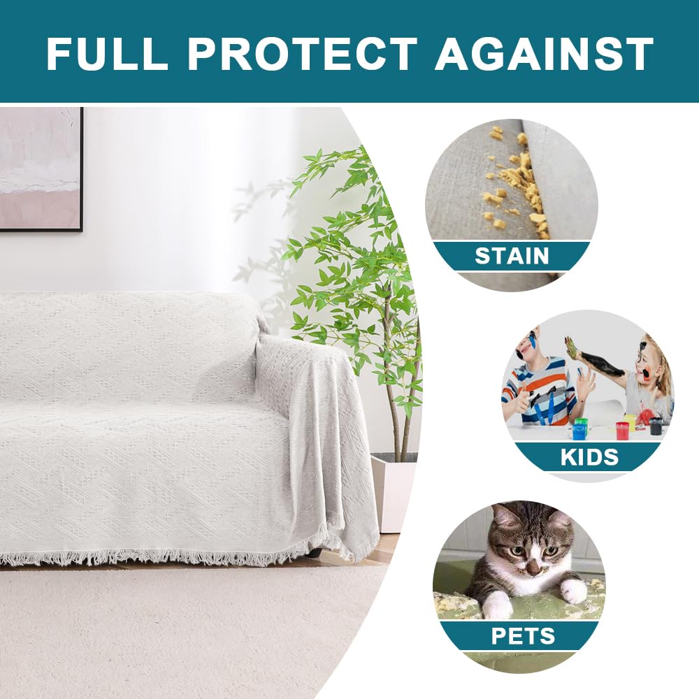 Turquoise Cotton Sofa Cover - Washable White Couch Protector for Pets - Jacquard Woven Sectional Sofa Cover with Geometric Pattern (71