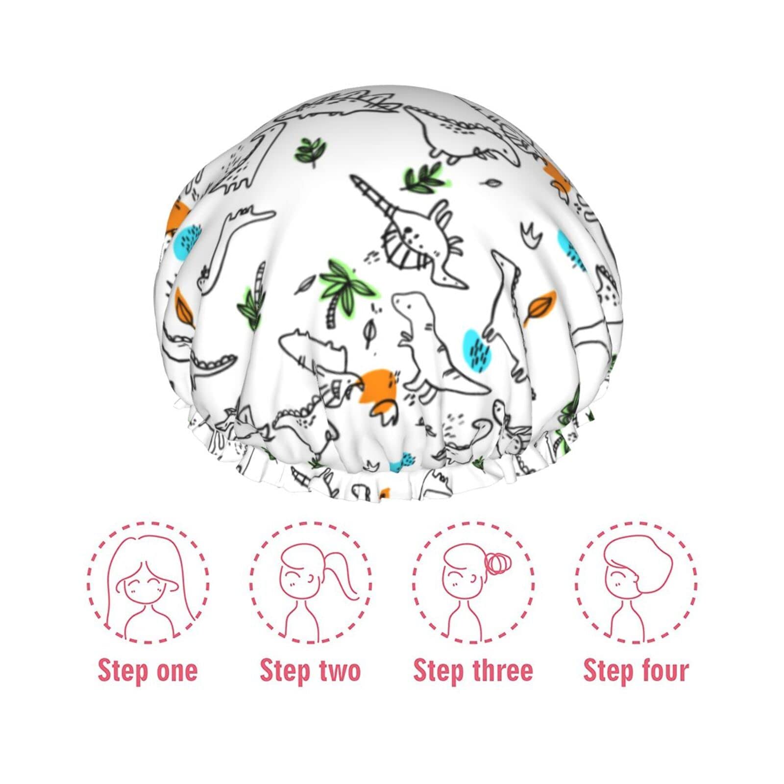 Dinosaur Print Reusable Waterproof Shower Cap for Women - Double Layer Bath Hair Protector for Swimming, Spa & Salon Use