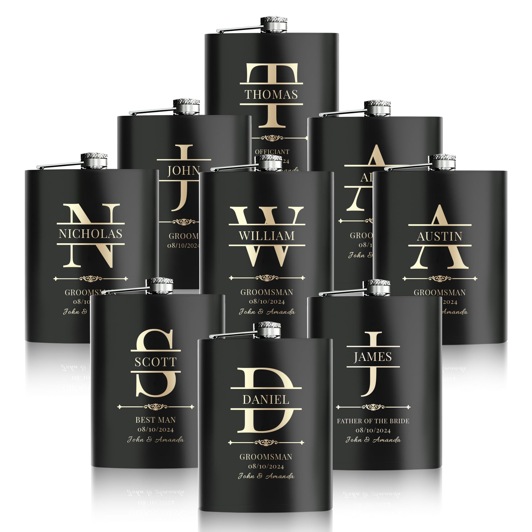 Personalized Stainless Steel Whiskey Flasks Set of 9 - Custom Engraved 304 Steel Groomsmen Gifts for Wedding, Best Man, Father of Bride - Ideal for Bachelor Parties, Weddings & Anniversary Gifts (Black)