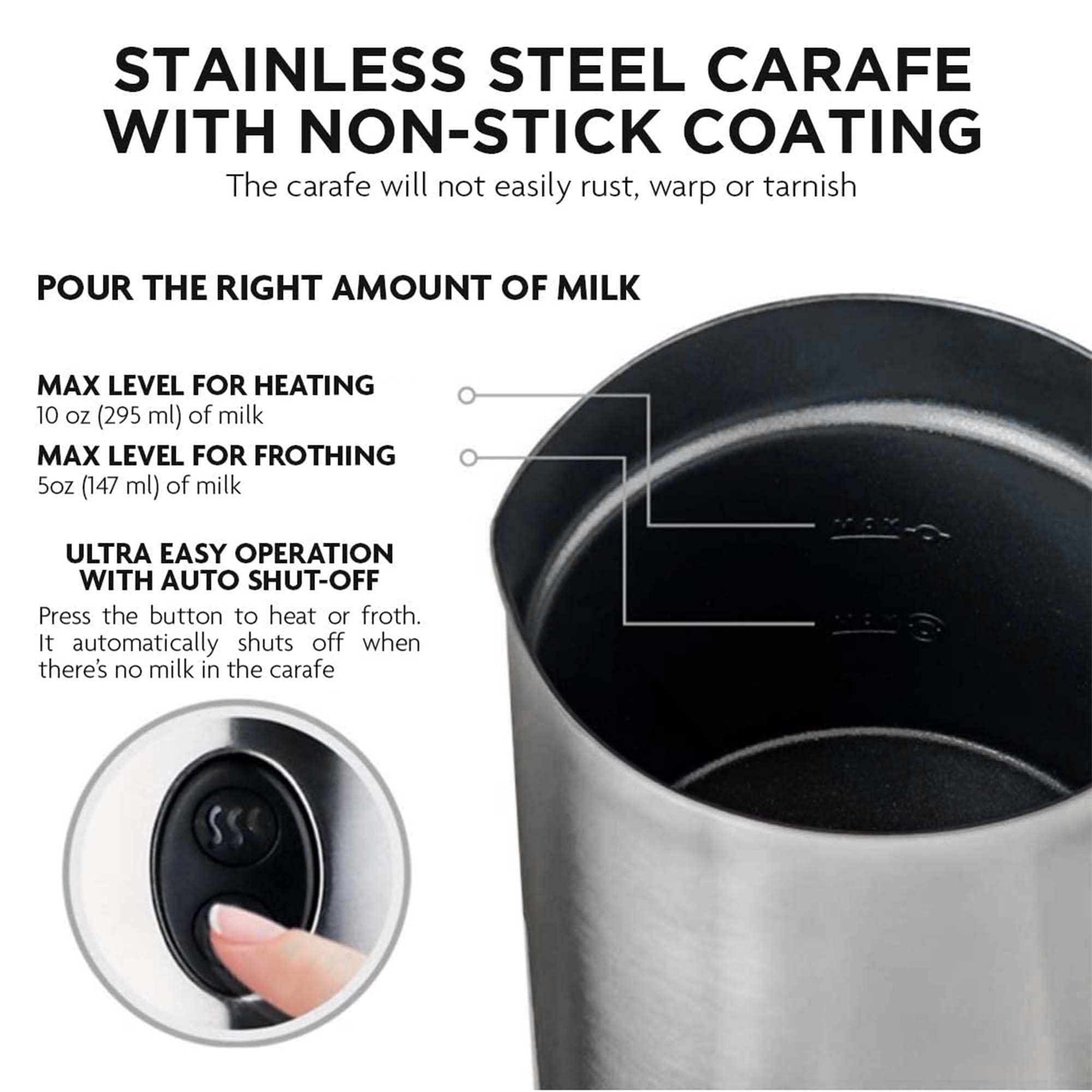 Ovente Electric Double Wall Insulated Milk Frother & Steamer - 5oz & 10oz Capacity, Non-Stick, Hot & Cold - Perfect for Latte, Cappuccino, Espresso & Hot Chocolate - Chrome FR4810CH | Ideal for Home, Office & Coffee Shops