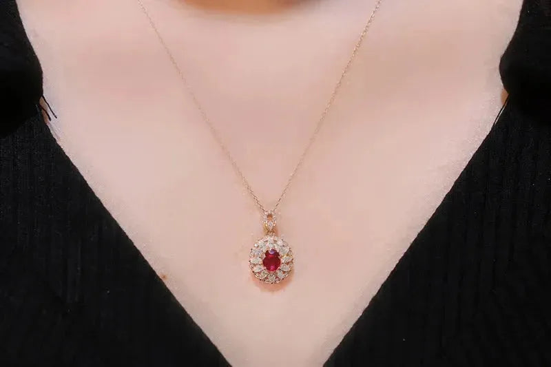 18K Rose Gold Pendant Necklace with Genuine Mozambique Ruby & Diamonds - Elegant Classic Shape Jewelry for Women, Perfect for Engagement, Anniversary & Special Occasions