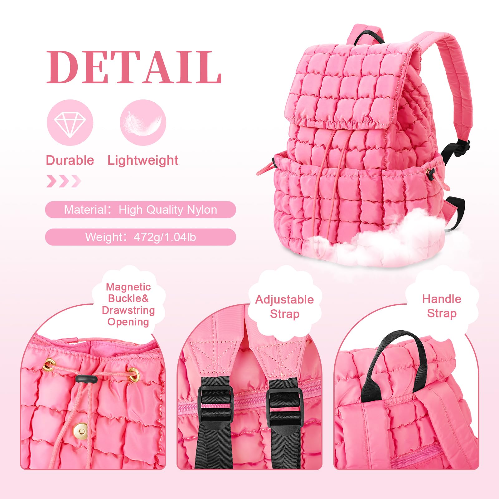 Iqimott Quilted Puffer Backpack for Women - Stylish Nylon Casual Daypack, Lightweight Hiking & Gym Bag with Adjustable Drawstring - Perfect for Travel, School & Outdoor Activities (Pink)