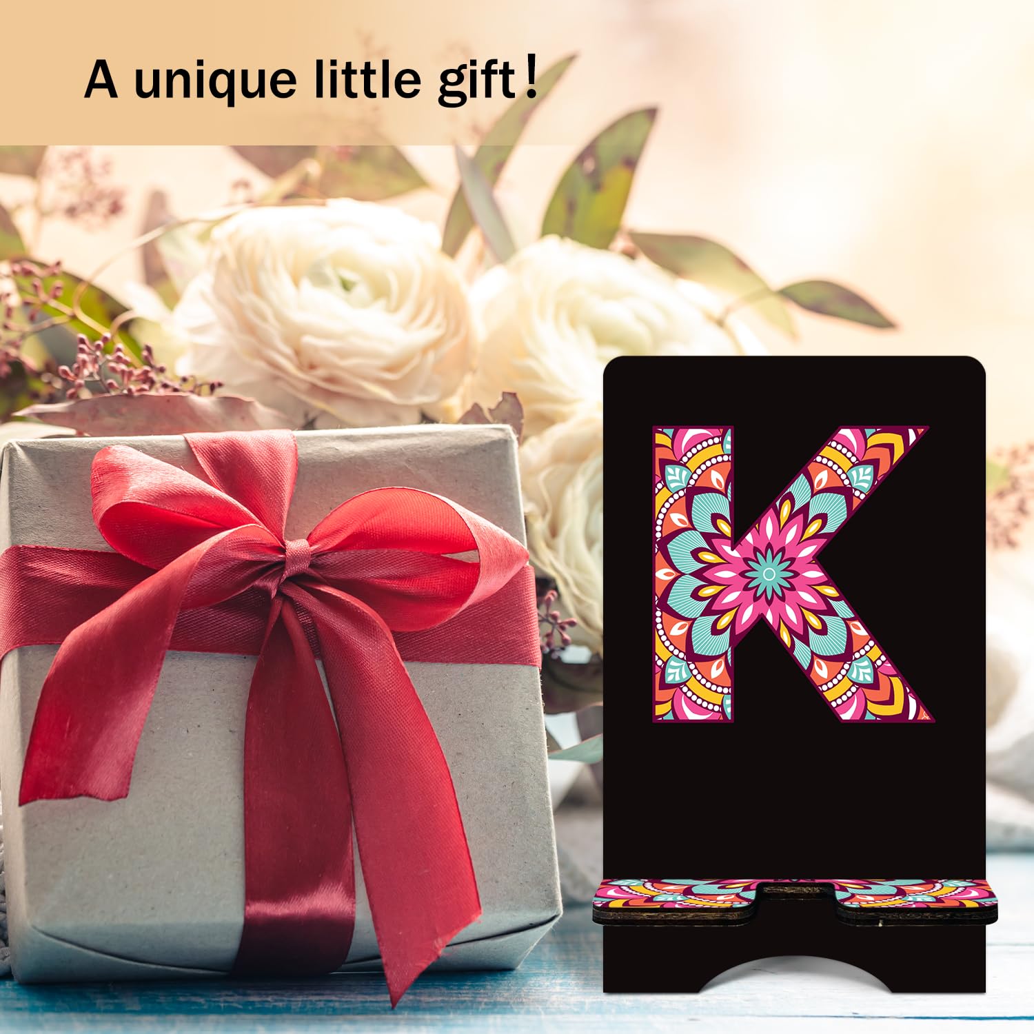 Personalized Initial Wooden Phone Stand - Universal Desk & Office Cell Phone Holder with Charging Hole for iPhone, Samsung, Tablets - Perfect for Work, Home & Video Calls