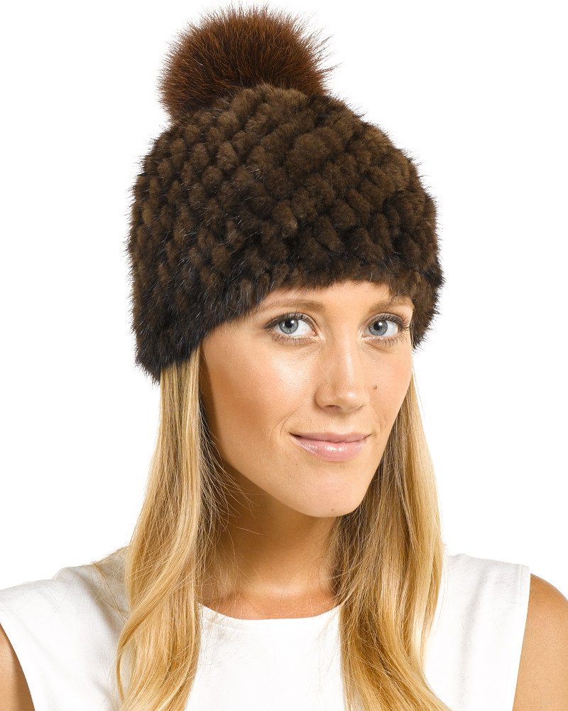 FrR Ciara Knit Mink Beanie with Fox Fur Pom Pom - Winter Warm Hat for Women, Outdoor Activities & Fashion Accessory