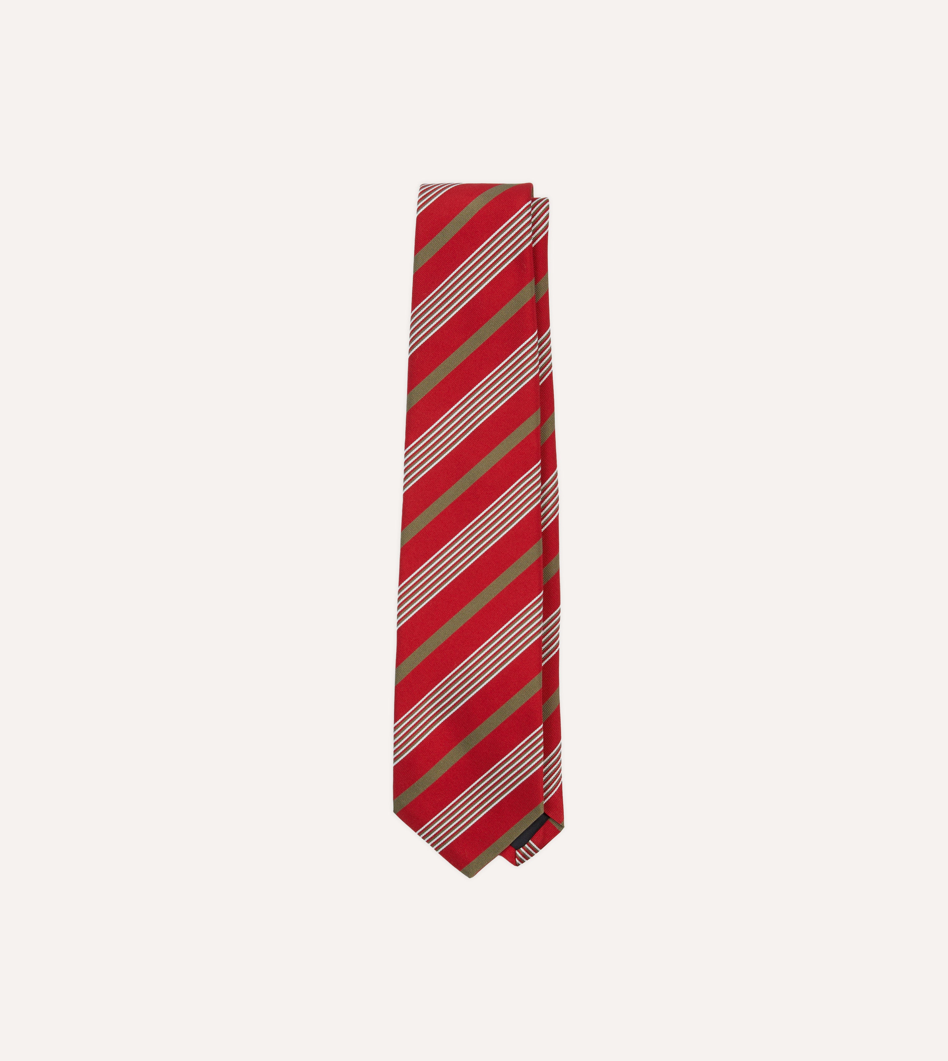Premium Red, Olive & White Multi-Stripe Mogador Silk Necktie - Elegant Formal Wear for Weddings, Business & Special Occasions