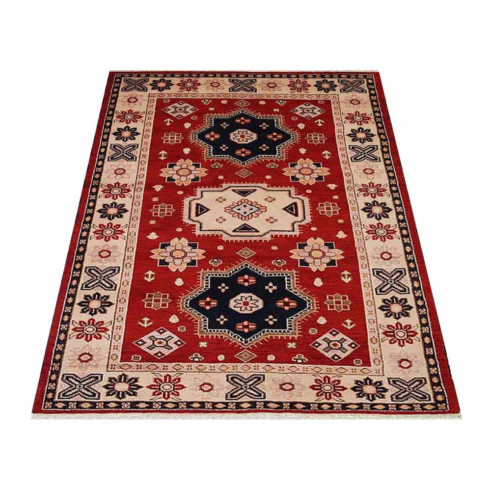 Handmade Wool & Silk Oriental Area Rug 5'x8' - Eco-Friendly Traditional Red & Cream Rectangle Rug for Living Room, Bedroom, Dining Room (AF0104)