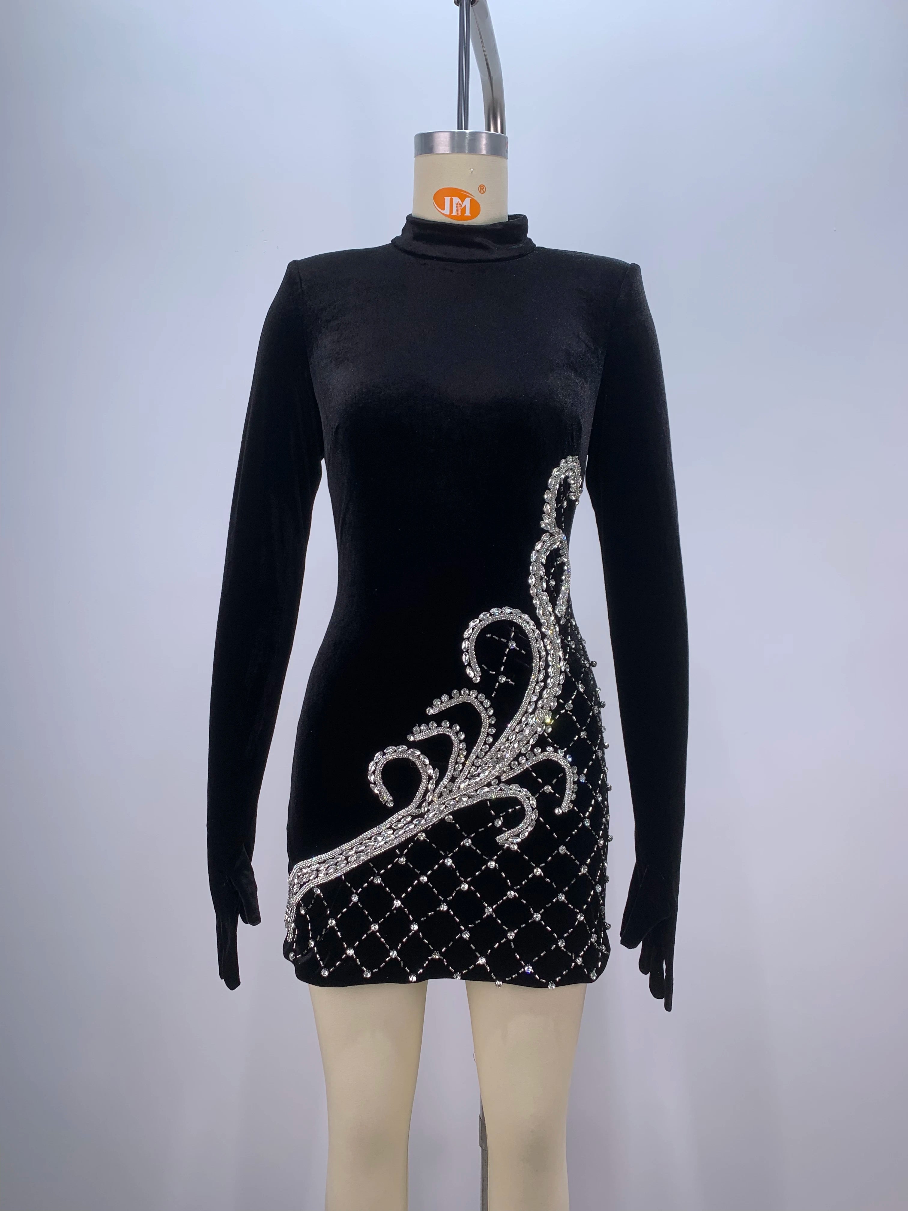 2024 Women's Velvet Long Sleeve Bodycon Mini Dress with Sparkly Crystal Details - Elegant Nightclub, Cocktail Party & Evening Wear - Sexy Gloves Included for Formal Events & Special Occasions