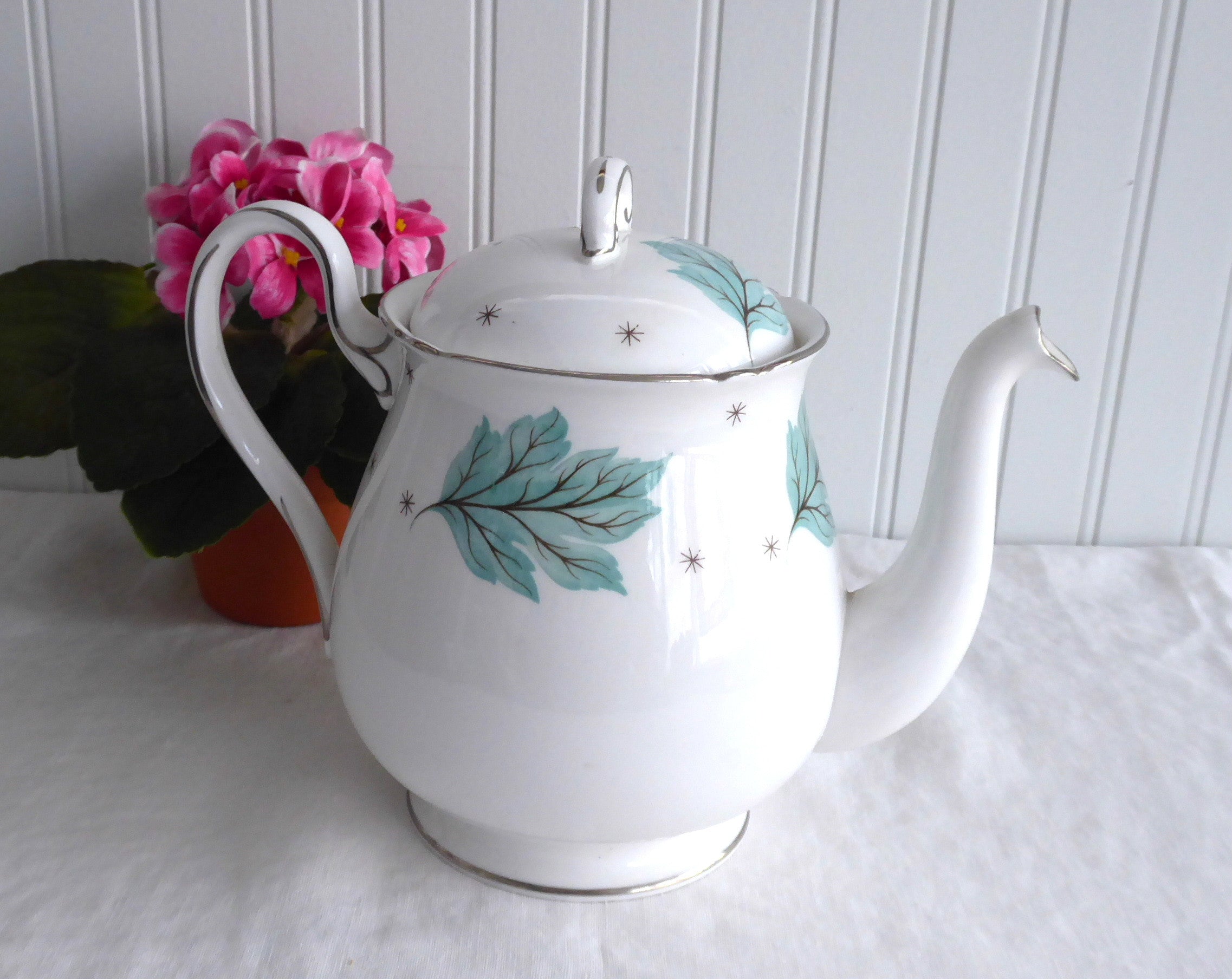 Vintage Shelley Teapot - Drifting Leaves Gainsborough Shape (1956-1966) Aqua Blue Floral Design | Collectible English Bone China Teapot for Afternoon Tea, Home Decor & Gift