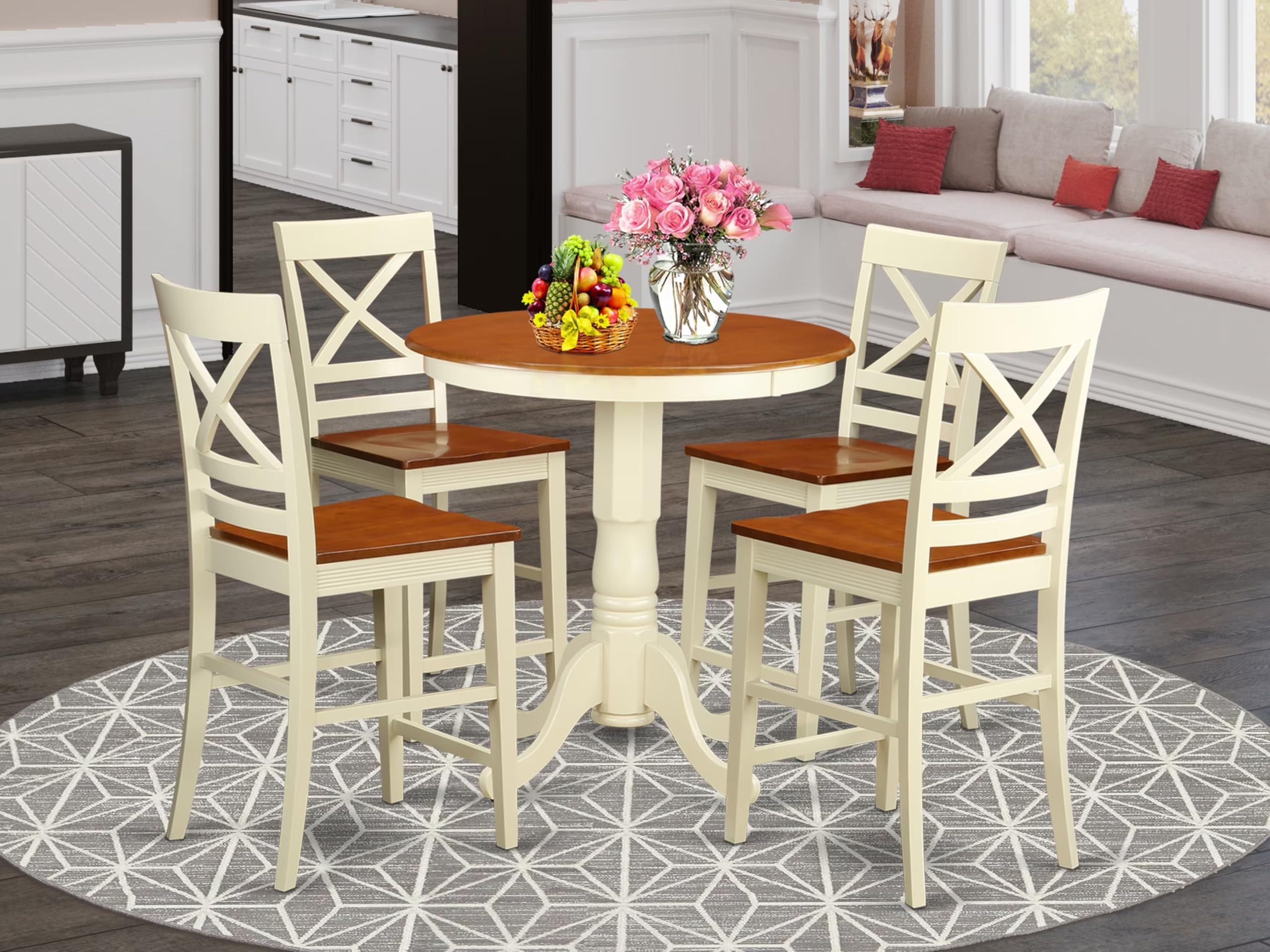 East West Furniture 5-Piece Kitchen Counter Set - Round Dining Table with Pedestal Base & 4 Chairs, 30x30 Inch, Buttermilk & Cherry - Perfect for Small Kitchens, Breakfast Nooks & Cozy Dining Spaces