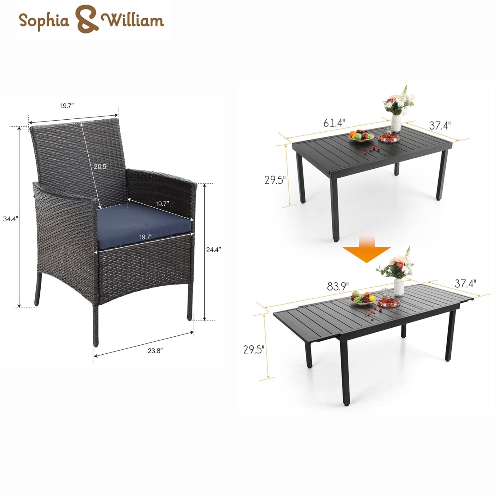 Sophia & William 7-Piece Outdoor Dining Set - PE Rattan Chairs & Expandable Metal Table for 6-8 People, Modern Patio Furniture with Cushions | Perfect for Porch, Backyard, Terrace, Garden & Poolside Dining