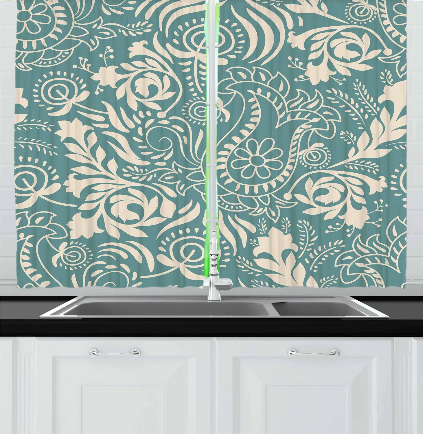 Ambesonne Floral Kitchen Curtains Set of 2 Panels - Abstract Paisley Moroccan Style Window Drapes with Nature Inspired Motifs - 55