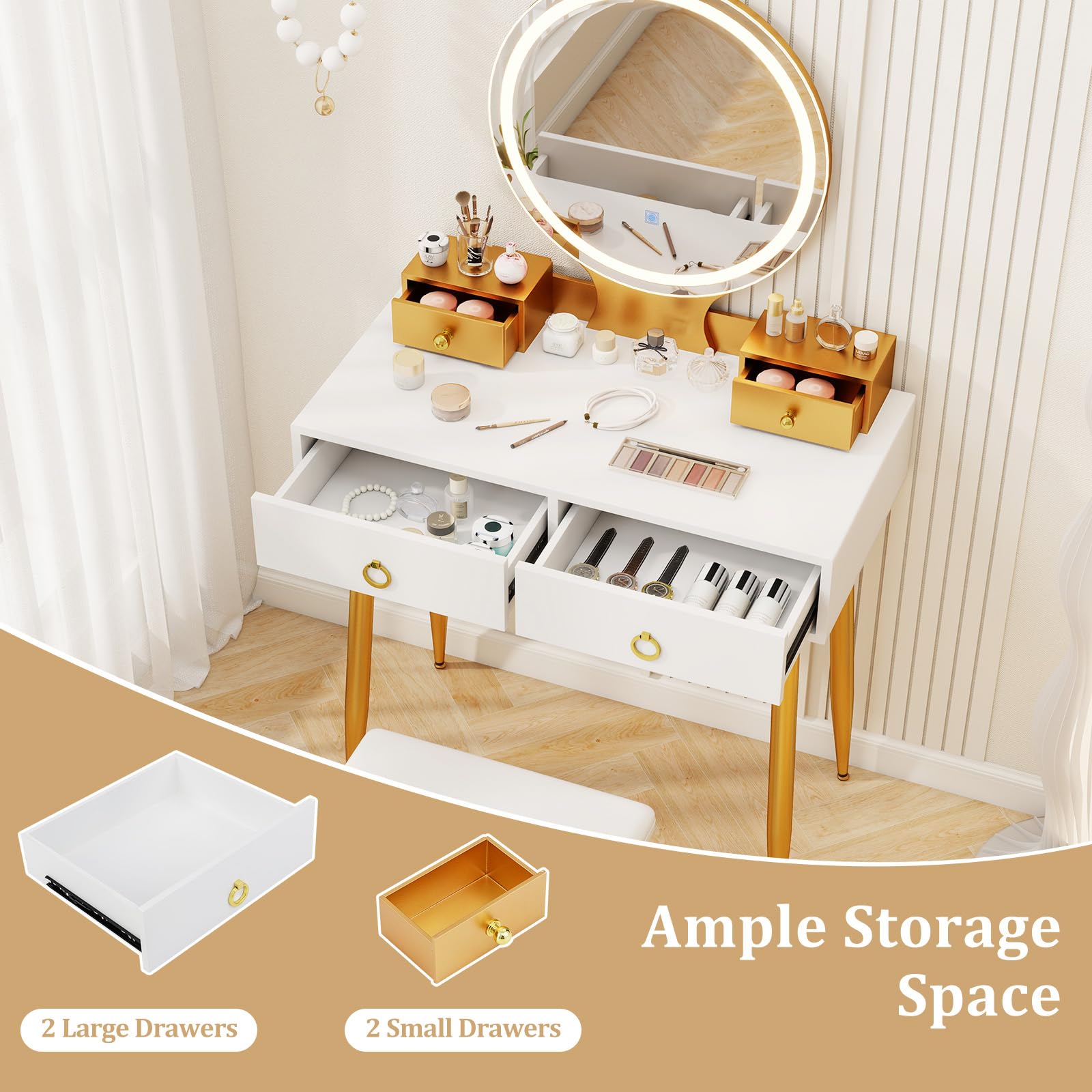 Charmaid Vanity Desk with Mirror & LED Lights - Modern Makeup Dressing Table with 4 Storage Drawers, 3 Lighting Modes & Adjustable Brightness, White & Gold Vanity Set with Stool - Perfect for Bedroom, Boudoir & Beauty Room Organization