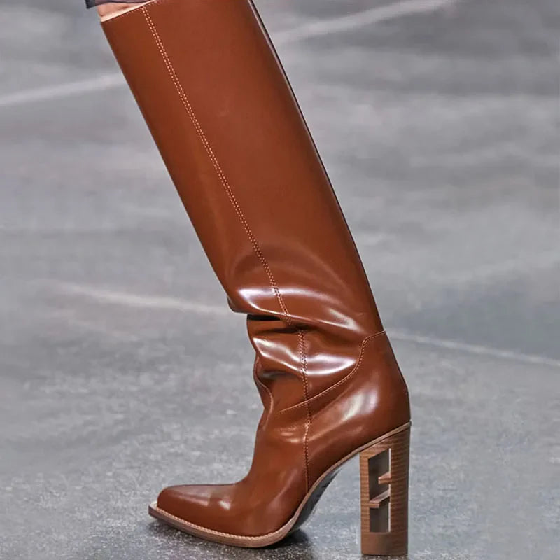 Arden Furtado Women's Knee High Leather Boots with Hollow Out Design & Chunky Heels - Fashionable Brown Tan Riding Boots for Women | Perfect for Fall Outfits, Casual Wear & Horseback Riding