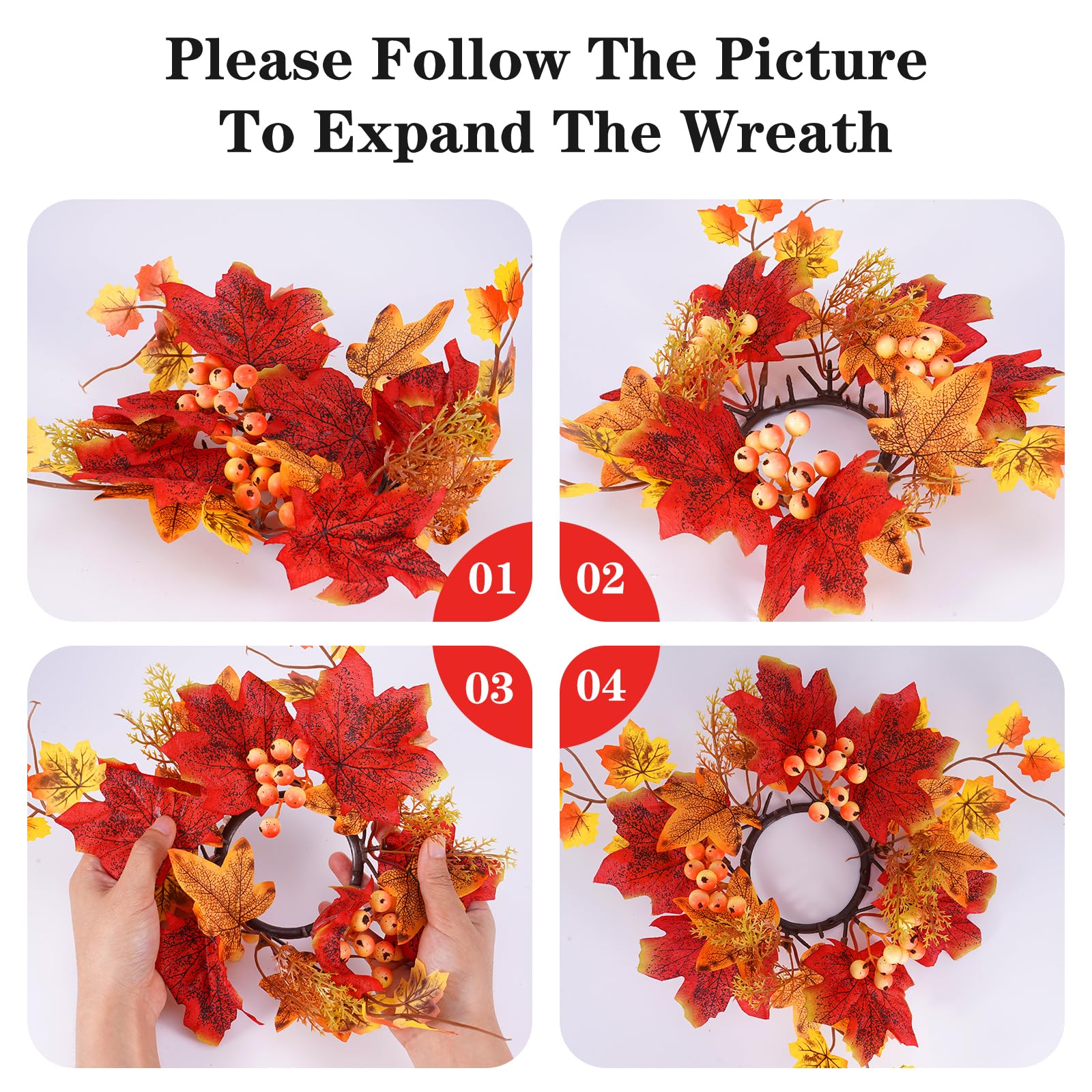 Maple Leaves Candle Rings - 4 Pack Autumn Berry Wreaths for Candles | Fall Thanksgiving Table Decor | Perfect for Wedding Centerpieces, Holiday Home Decor & Seasonal Candle Holders