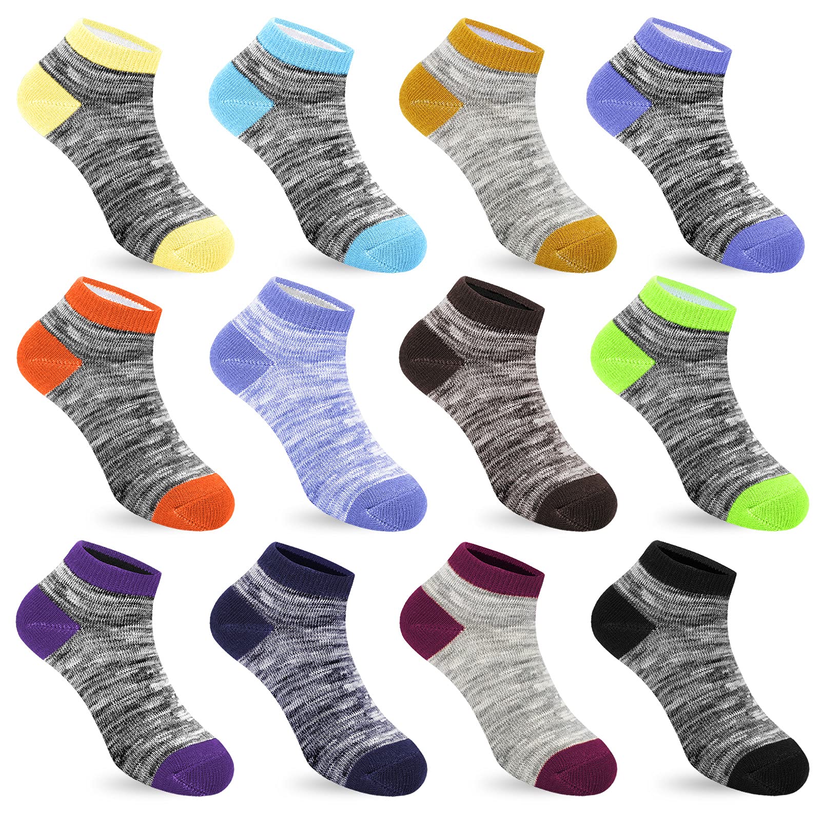 Auranso 12 Pairs Kids Breathable Athletic Ankle Socks for Boys & Girls - Soft Cotton Low Cut Socks for School, Sports & Everyday Wear