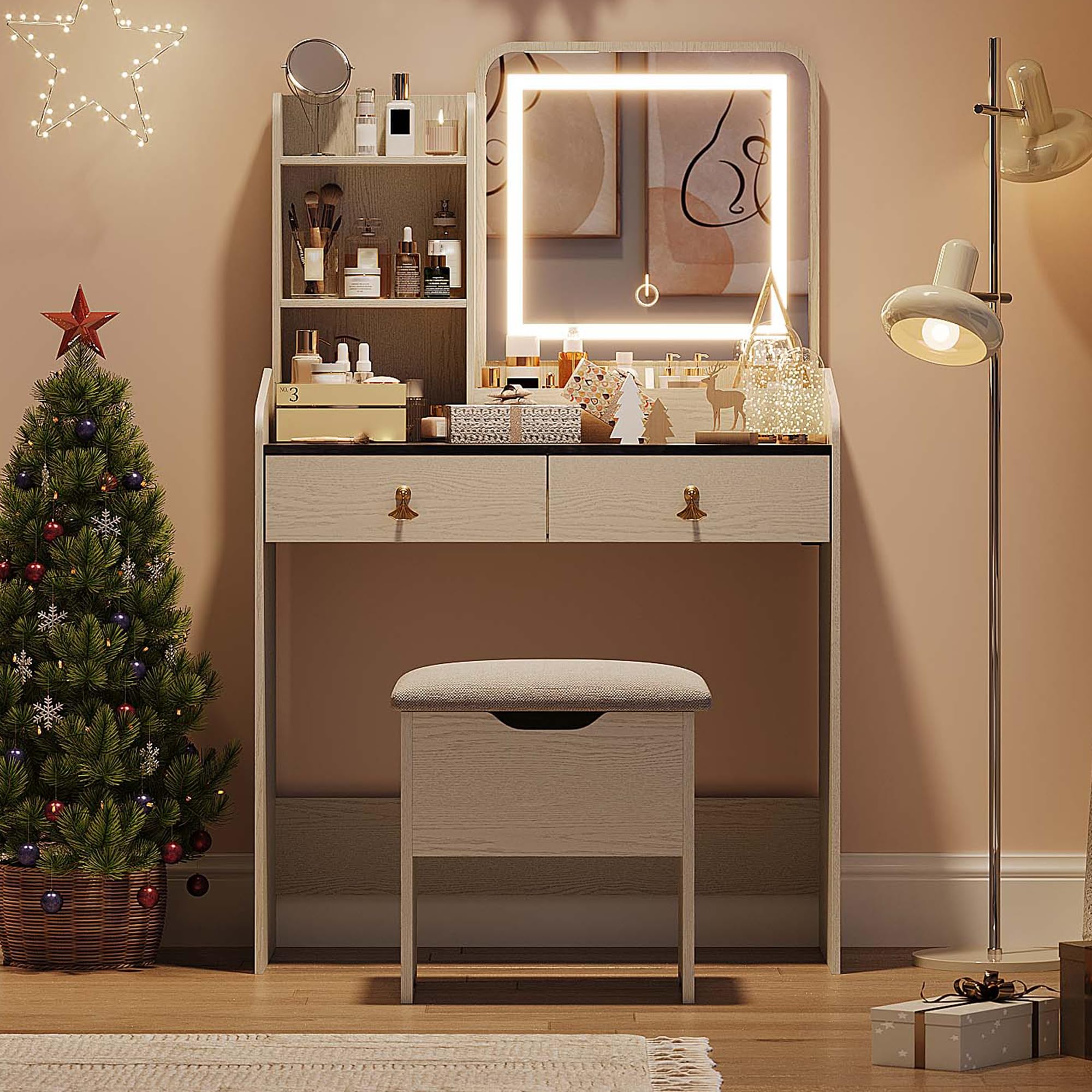 Vanity Desk with LED Light Mirror & USB Charging Station, Small Makeup Vanity Set with 2 Drawers & Storage Stool for Women Girls - White & Grey Tabletop | Perfect for Bedroom, Dorm Room & Beauty Salon