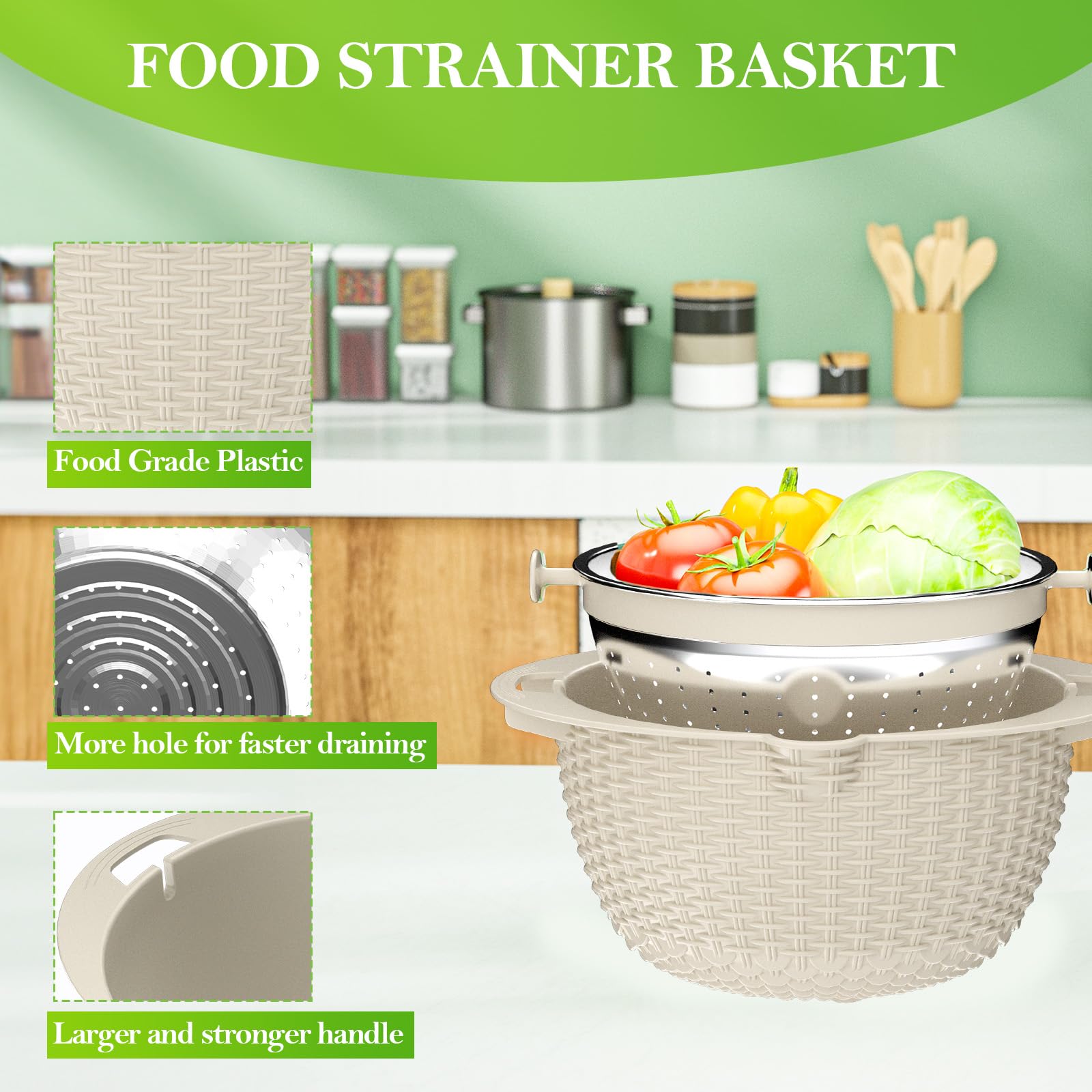 Rotatable 4-in-1 Colander with Bowl Set - Kitchen Strainer for Washing Fruits & Vegetables, Durable Food Colander - Perfect for Meal Prep, Salad Making & Healthy Cooking - Aesthetic Beige Kitchen Gadget Gift for Women
