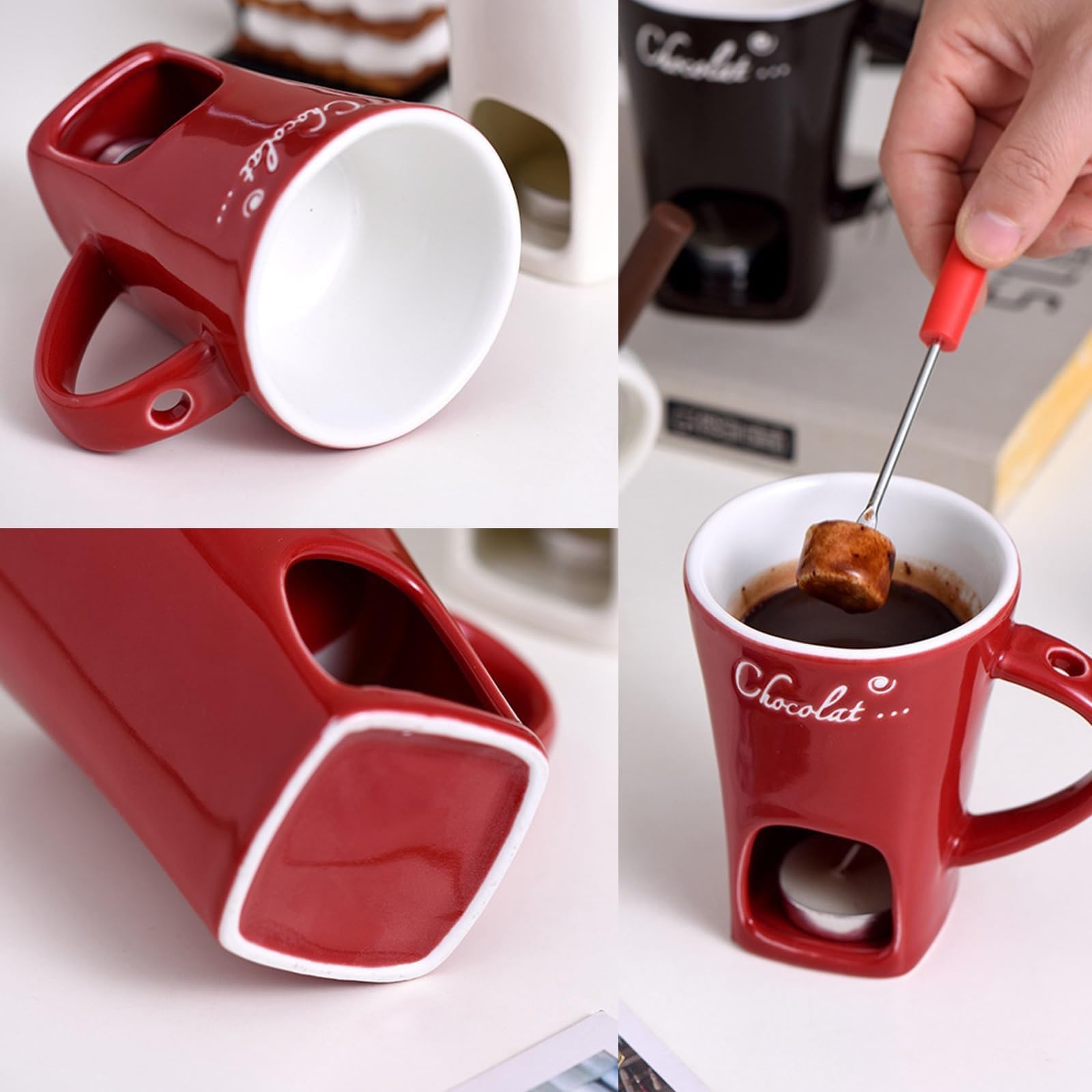 Tealight Fondue Cups Set - Mini Ceramic Chocolate Melting Mug with Fork, Black - Perfect for Romantic Dinners, Dessert Parties & Fondue Nights
