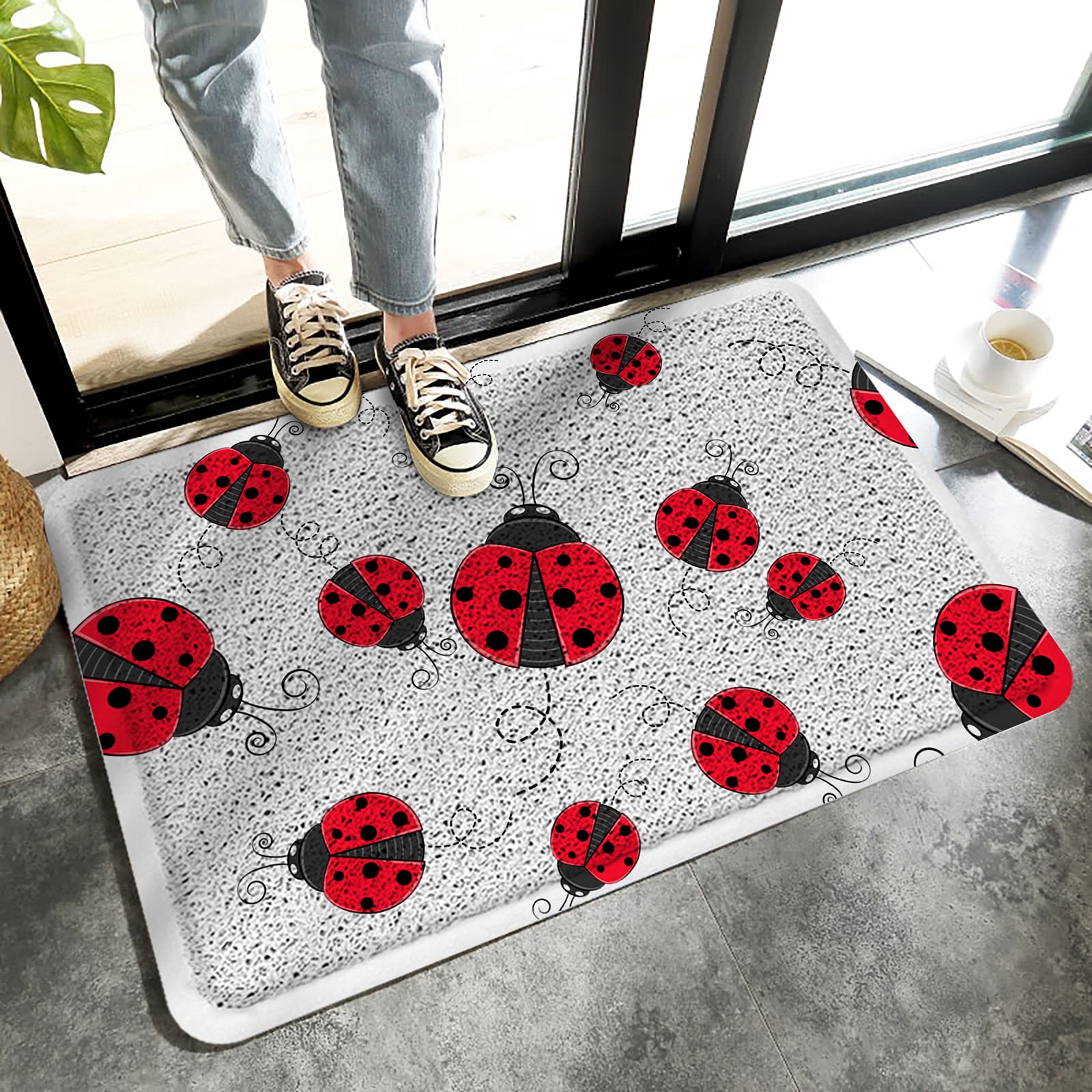 Non-Slip Summer Red Ladybug Welcome Doormat - Heavy Duty Duraloop Mesh Indoor/Outdoor Rug for Entryway, Kitchen, Living Room & Patio - Cute Cartoon Insect Design on White - 24x35 Inches - Perfect for Home Decor, Front Door Greeting & Mud/Dirt Trapping