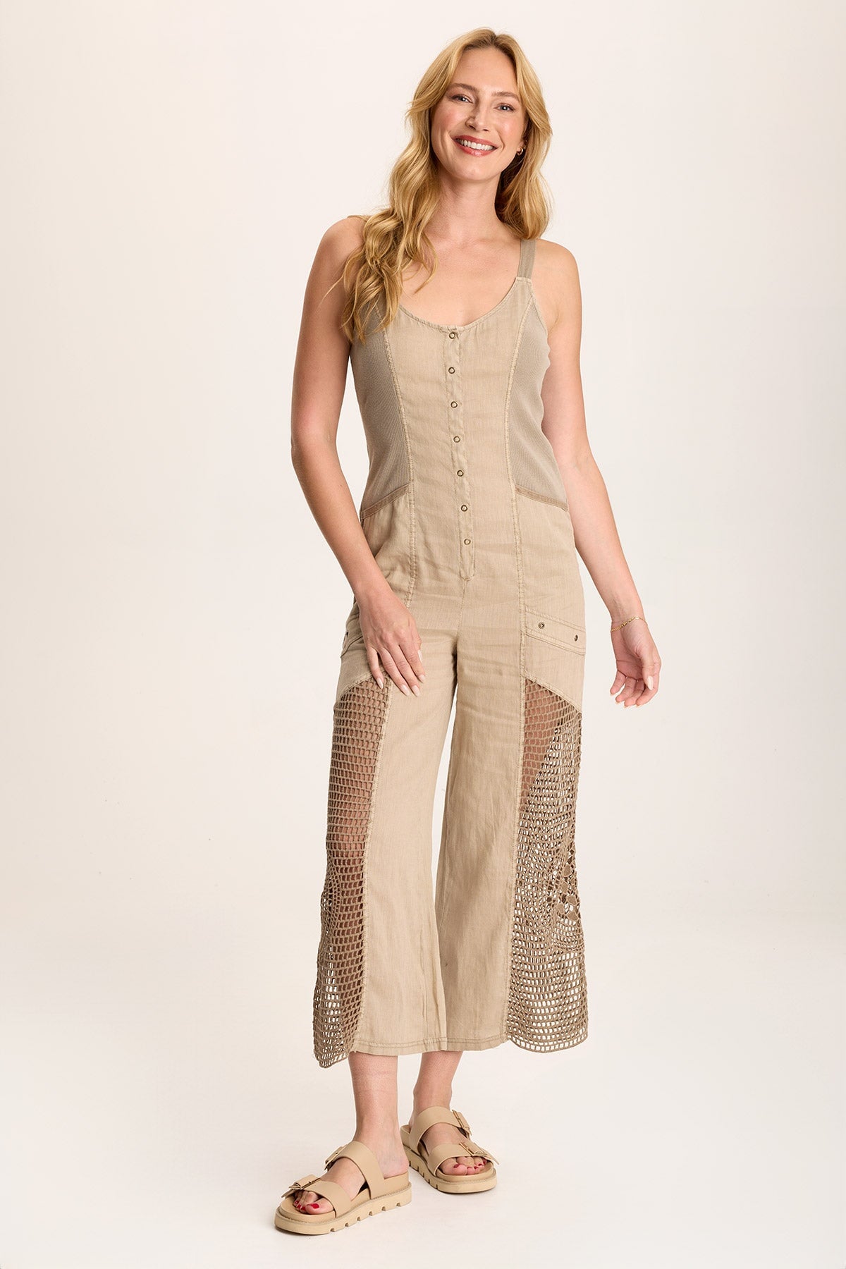 Anamita Women's Linen Crochet Jumpsuit - Summer Boho Romper with Floral Embroidery | Perfect for Beach Vacation, Music Festival & Casual Outings