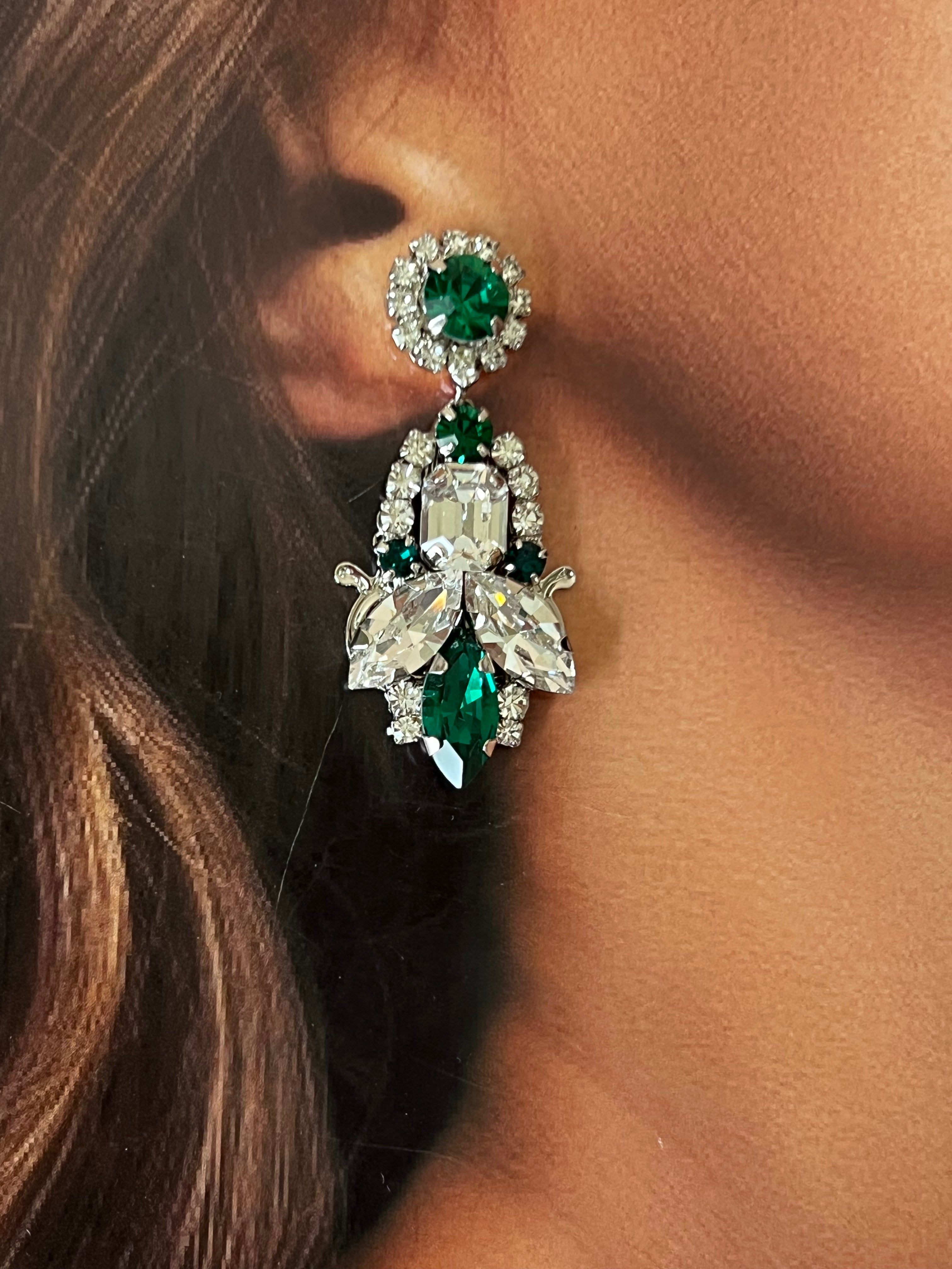 CEMILE EMERALD Swarovski Crystal Statement Earrings for Women - Elegant Dangle Drop Earrings for Party, Wedding & Evening Events