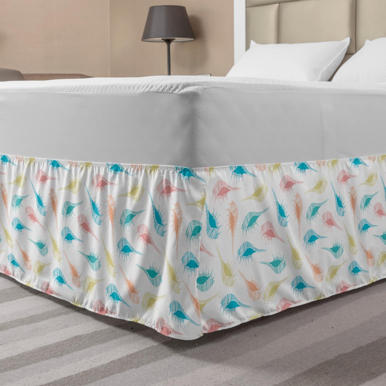 Ambesonne Shells Bed Skirt King Size - Decorative Long Tail Cabrits Murex Cones Pattern with Dots - Elastic Wrap Around Dust Ruffle for Bedding Decor - Multicolor | Perfect for Coastal, Beach & Nautical Themed Bedrooms