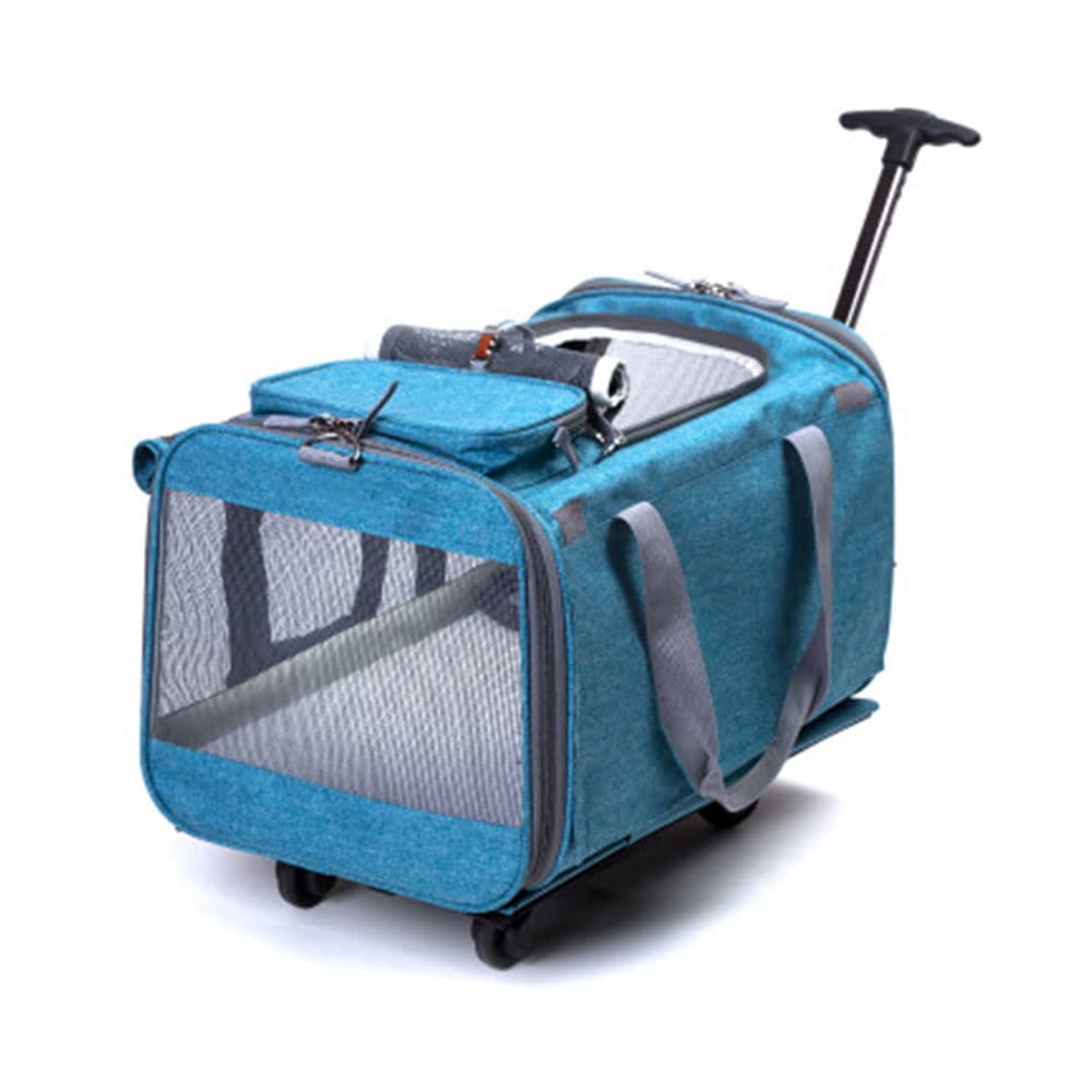 Detachable Swivel Wheel Folding Dog Travel Bag - Large Expandable Soft-Sided Pet Carrier for Cats & Small Dogs | Portable Foldable Pet Carrier for Airplane, Car & Outdoor Adventures (Blue)