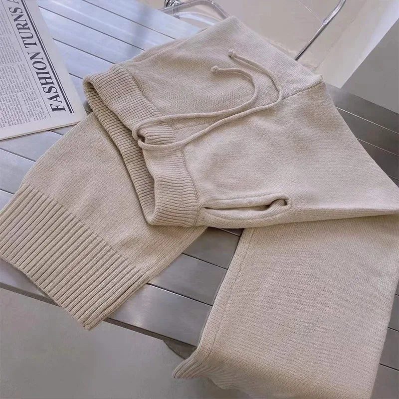 Women's Knitted Two-Piece Set - Beige & Brown Zipper Sweater Top with High Waist Drawstring Wide Leg Pants | Fall Winter Fashion Outfit for Casual Wear, Office & Date Night