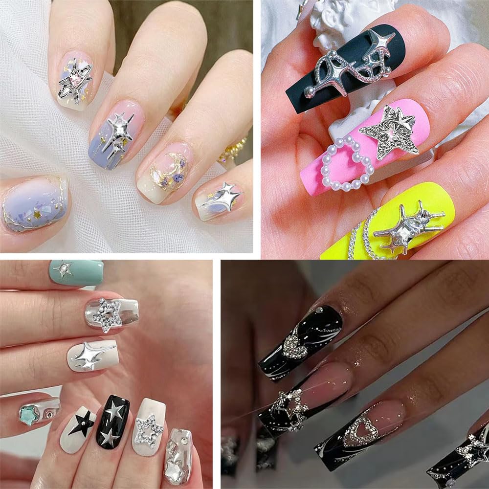 3D Star Nail Charms - 100pcs Alloy Nail Rhinestones for Y2K Nail Art (13 Styles) - Perfect for Women's Nail Design & DIY Manicure - Great for Parties, Weddings, and Special Occasions