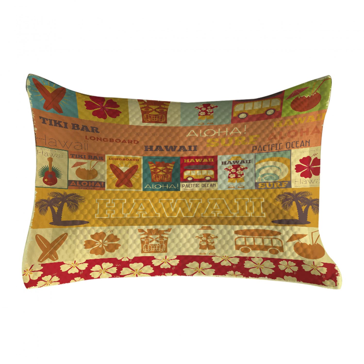 Ambesonne Tiki Bar Quilted Pillow Cover - Retro Travel Cards Hawaiian Vintage Print, Standard Queen Size 30