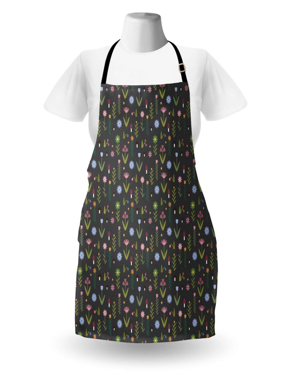 Ambesonne Floral Apron - Tulip Iris Daisy Rose Petals & Mushroom Pattern Unisex Adjustable Kitchen Apron for Cooking, Baking, Gardening - Olive Green & Rose Grey - Perfect for Home Chefs, BBQ Parties & Outdoor Activities