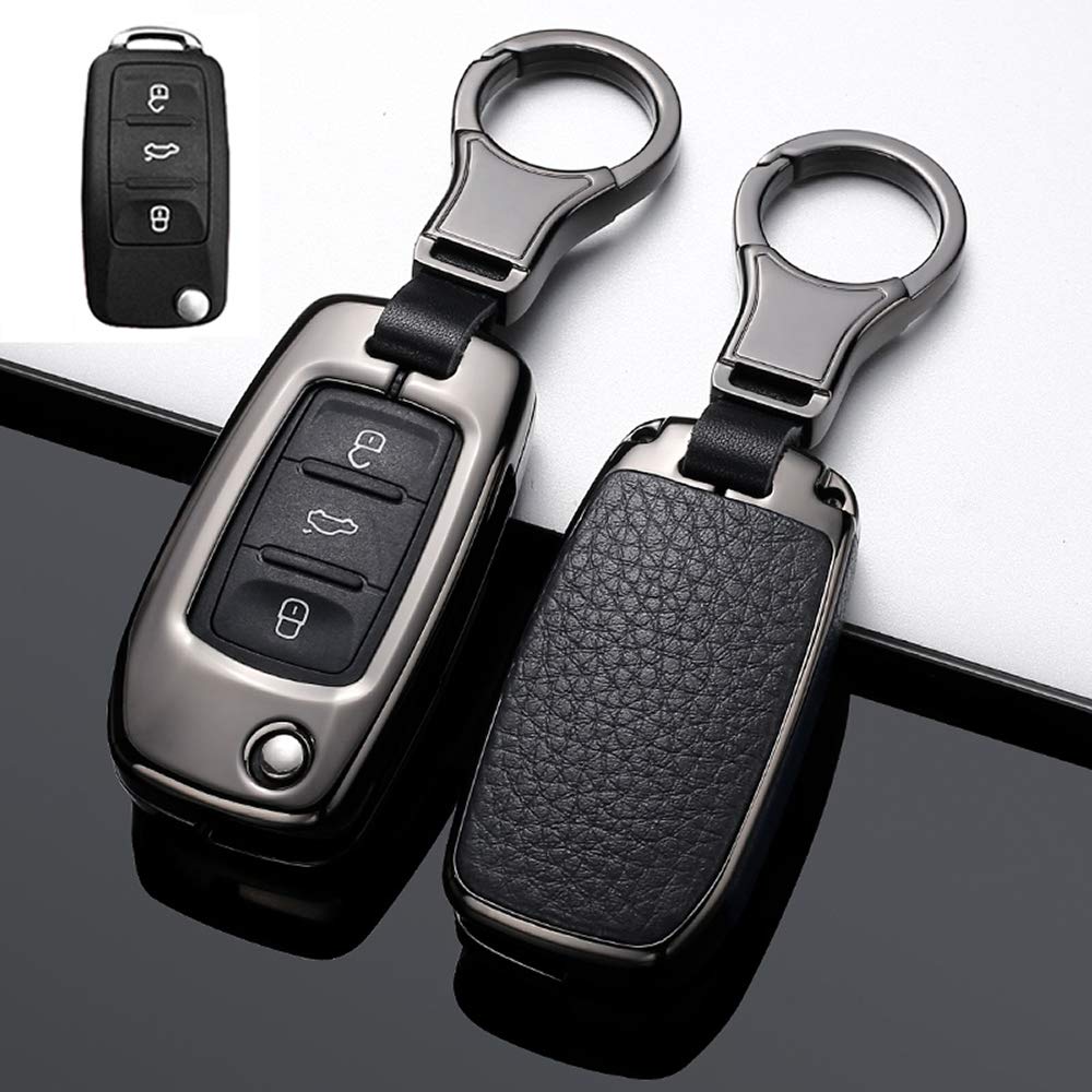 SANRILY 1Pcs Flip Key Fob Cover Case for Volkswagen Jetta Passat Golf Beetle GTI Tiguan EOS - Durable Metal Leather Key Protector Shell with Key Ring (Black) - Perfect for Keyless Remote Protection & Daily Use