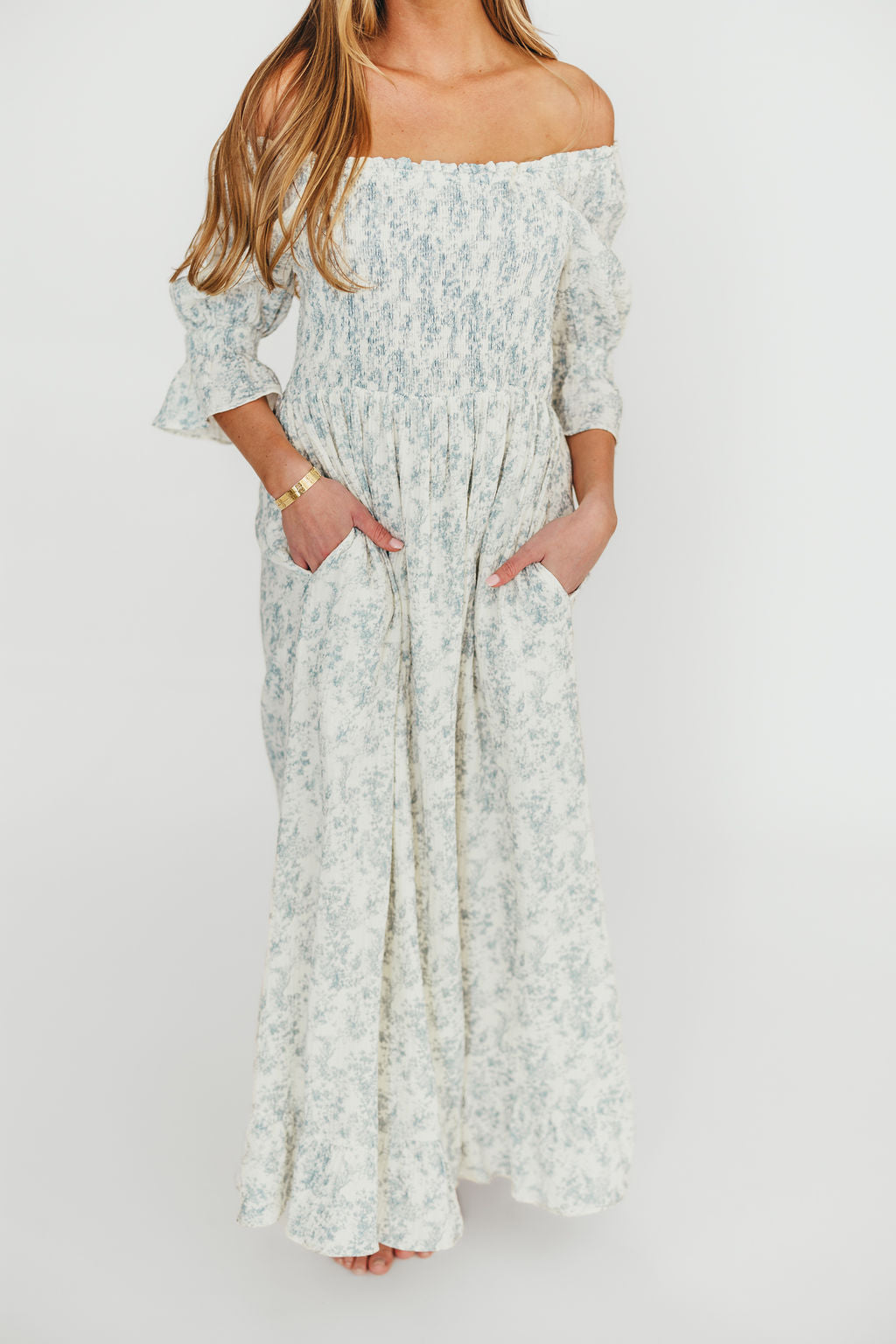 Sienna 100% Cotton Puff Sleeve Maxi Dress - Blue Floral Print Maternity Dress for Pregnancy | Bump Friendly, Comfortable & Stylish for Summer, Beach, Vacation & Special Occasions