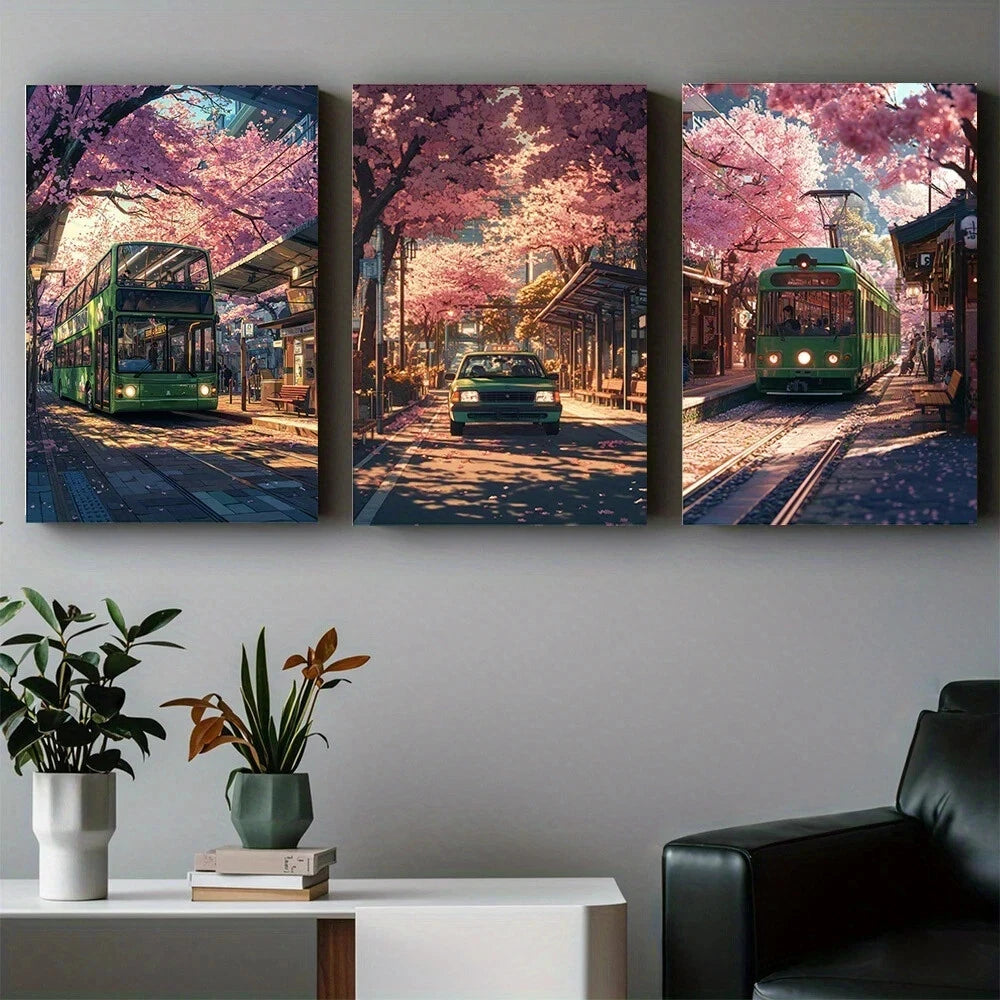 3-Piece Abstract City Sakura Street View Metal Wall Art - Ready to Hang Modern Home Decor for Living Room, Bedroom & Office