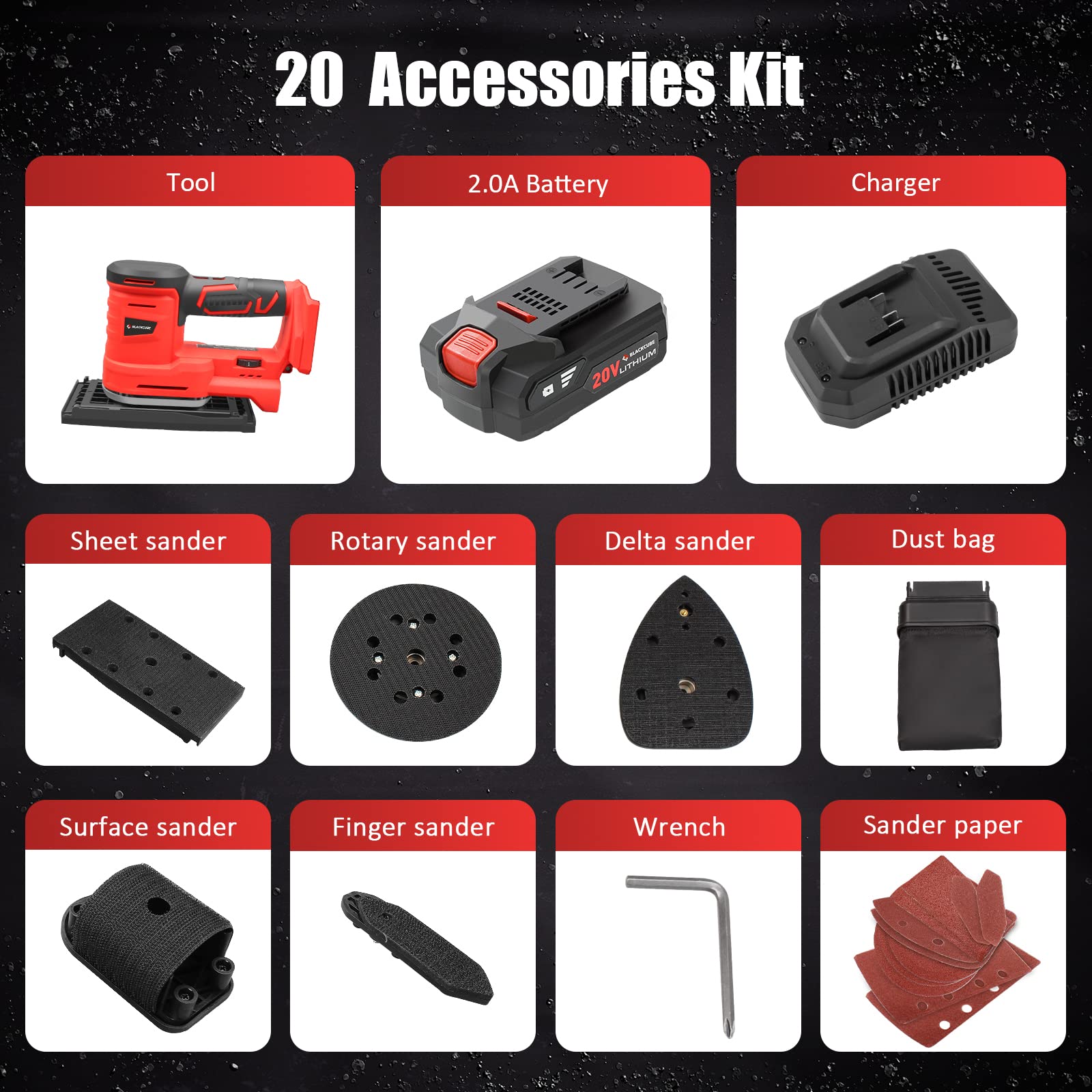 BLACKCUBE 20V Cordless 5-in-1 Multi-Function Detail Sander with 6 Speed Control, Dust Bag, 2.0Ah Battery & Fast Charger - Perfect for Wood Sanding, Furniture Refinishing, DIY Projects - Includes 10 Sanding Papers
