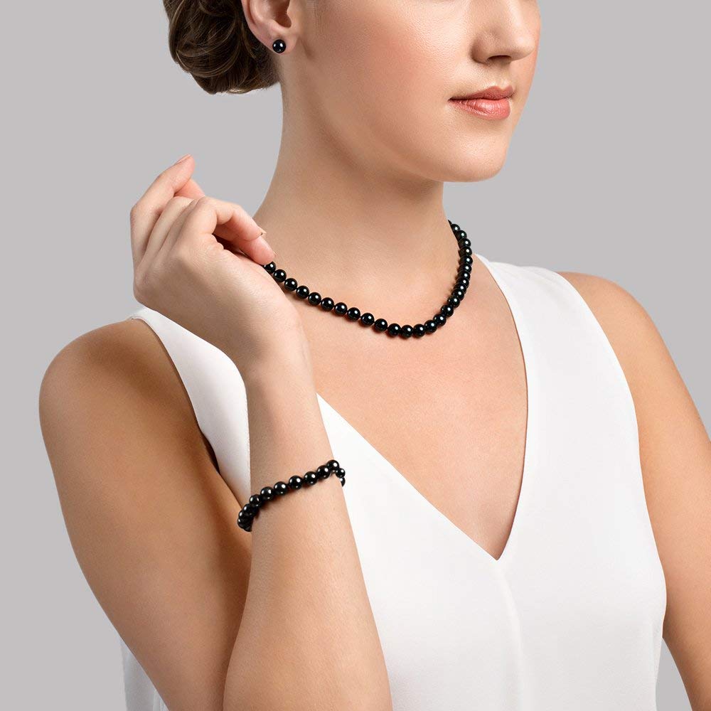 14K Gold Black Akoya Pearl Jewelry Set for Women - Necklace, Bracelet & Earrings - Perfect for Weddings & Parties