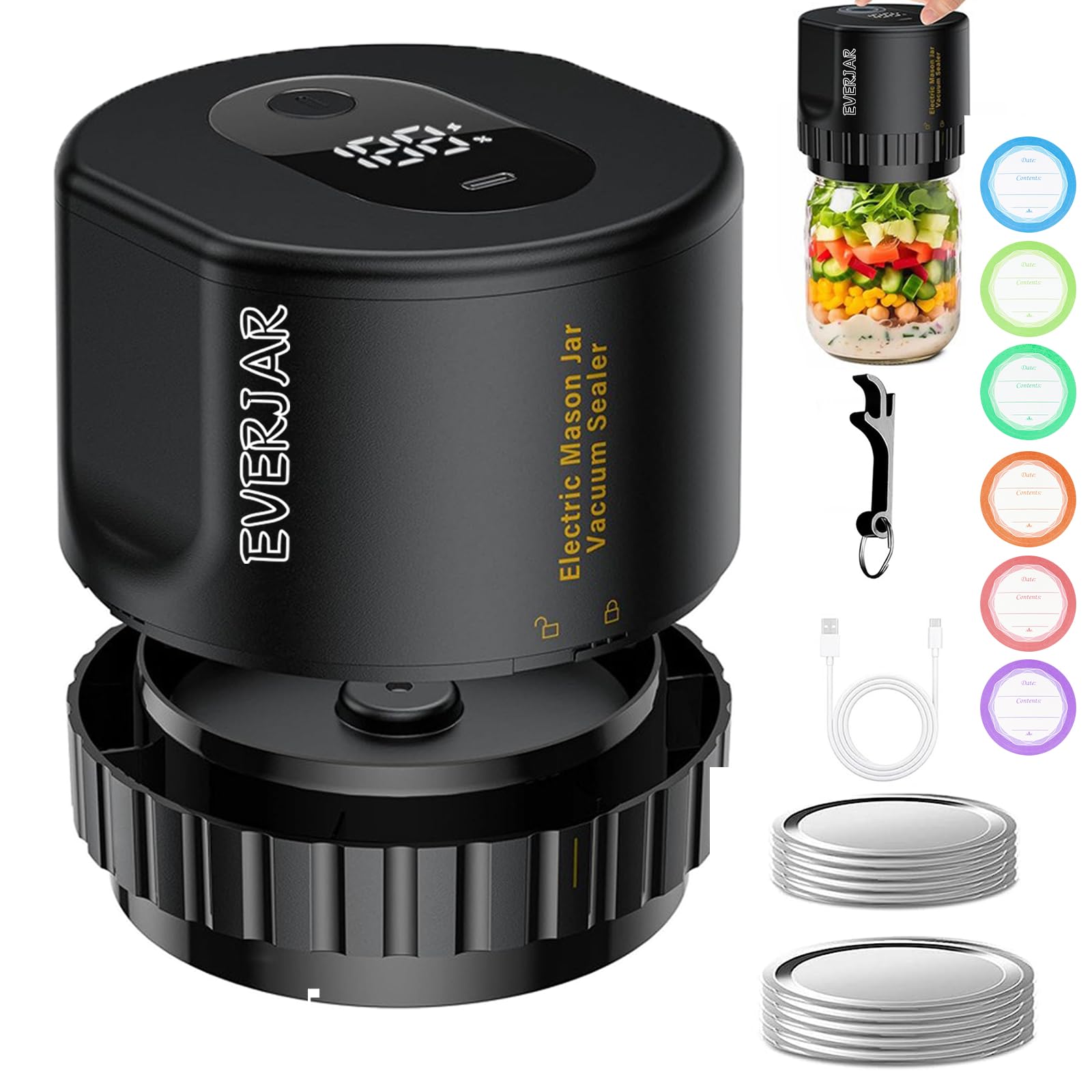 Everjar - 2-in-1 Electric Mason Jar Vacuum Sealer Kit with Automatic Suction Stop | Food Storage Sealer for Wide & Regular Mouth Jars | Preserves Freshness for Meal Prep, Canning & Leftovers (Black)