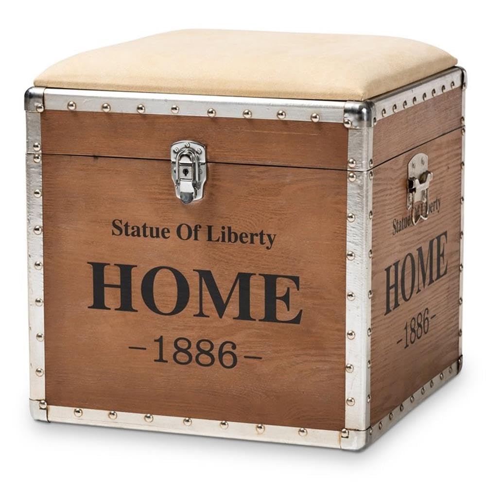 BOWERY HILL Beige Fabric and Wood Storage Ottoman - Versatile Footrest, Extra Seating & Living Room Storage Solution